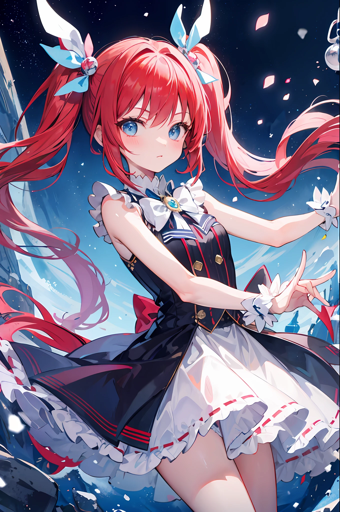 Red hair, blue eyes, idol,twintails,magic girl,loli,little girl,solo,bow