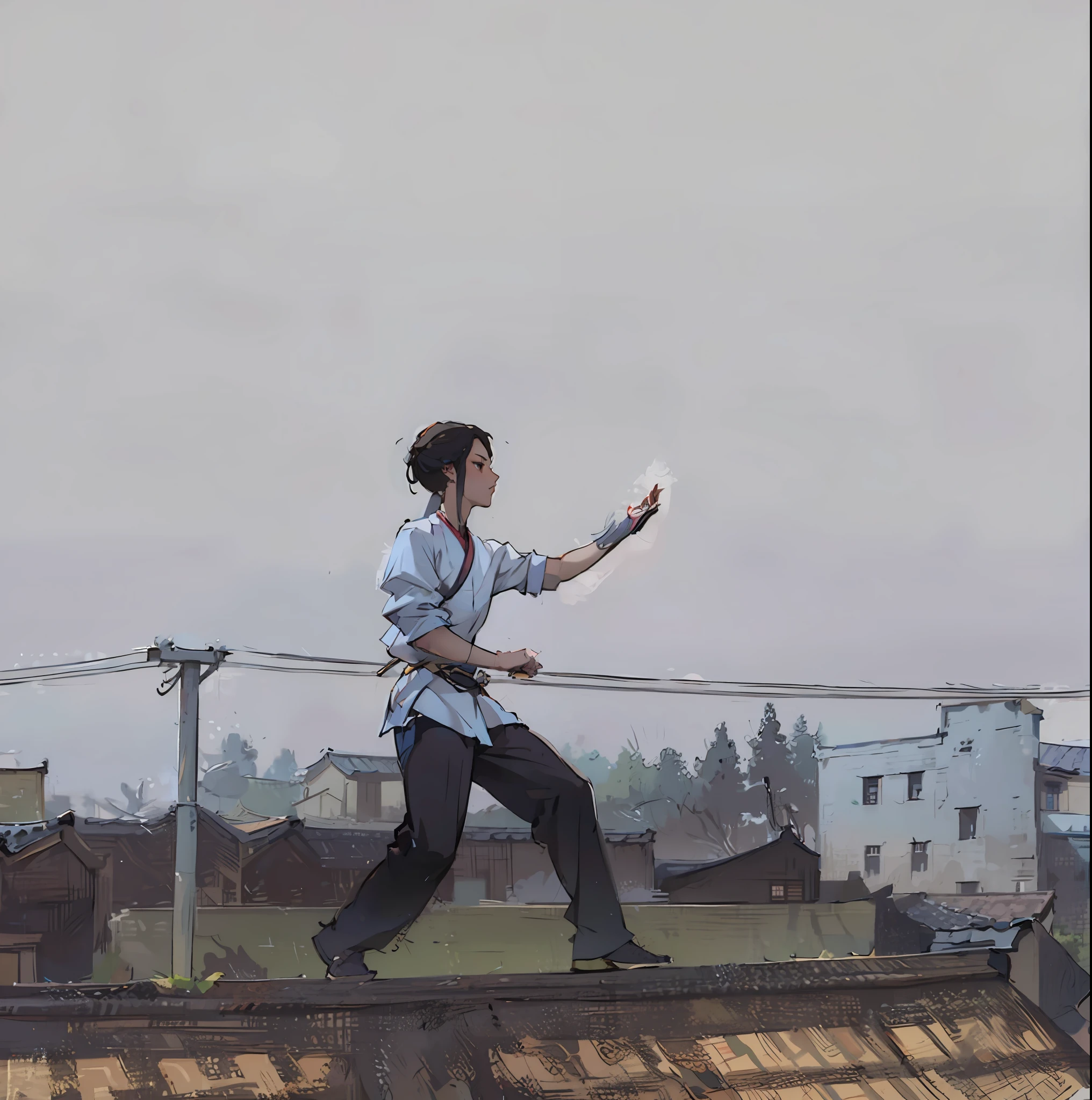 (Martial arts films, action scene, Classic performance),(traditional+modern), High proficiency, (Sifu style elements), The protagonist (Male), Standing on the roof, arms out, Show off your kung fu style, inspired by Cao Buxing, Guan Daosheng, Zhao Mengfu, And strive to create timeless action scenes, The character styling is inspired by Zhang Huimei and the movie "Tang Hand female master", Added Sifu style elements, Presenting a combination of tradition and modernity.
