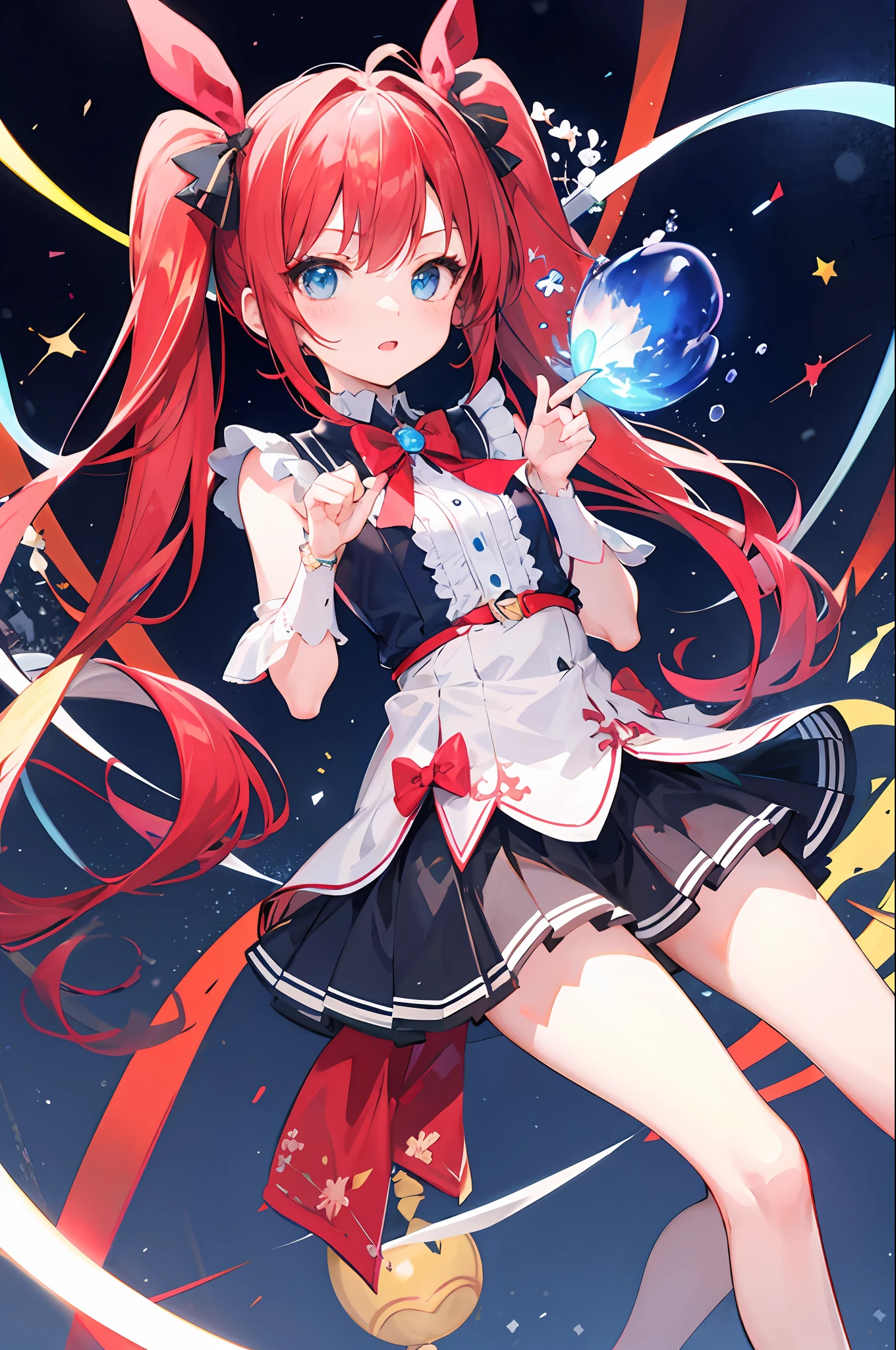 Red hair, blue eyes, idol,twintails,magic girl,loli,little girl,solo,bow
