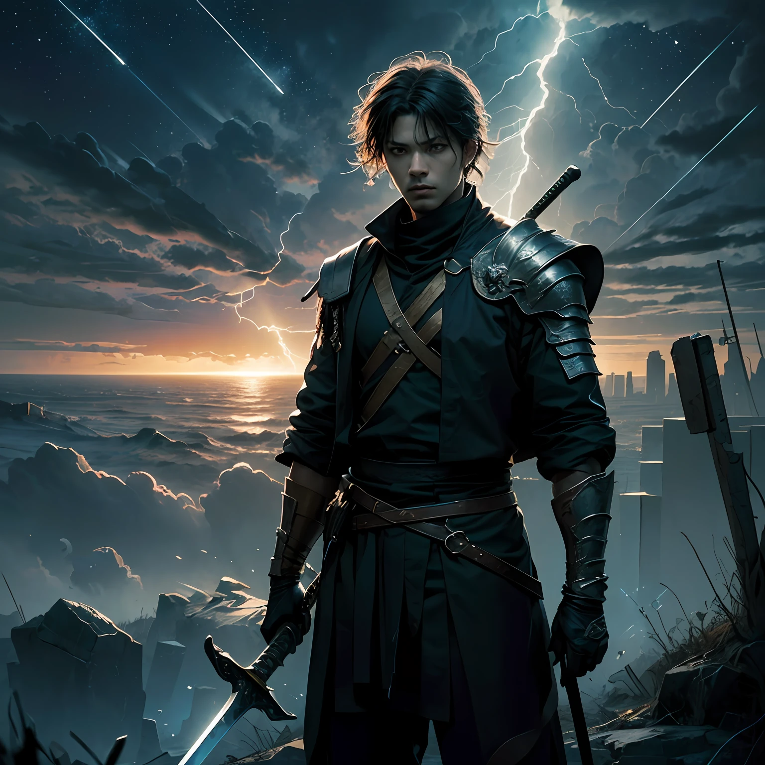 Masterpiece, A male swordsman dressed in black, Extremely detailed painting style, Atmospheric majestic background, The sword light streaked across the sky like a shooting star, Lifelike characters intertwine with light and shadow,Interpret heroic rescue scenes,Lightning,corpses everywhere