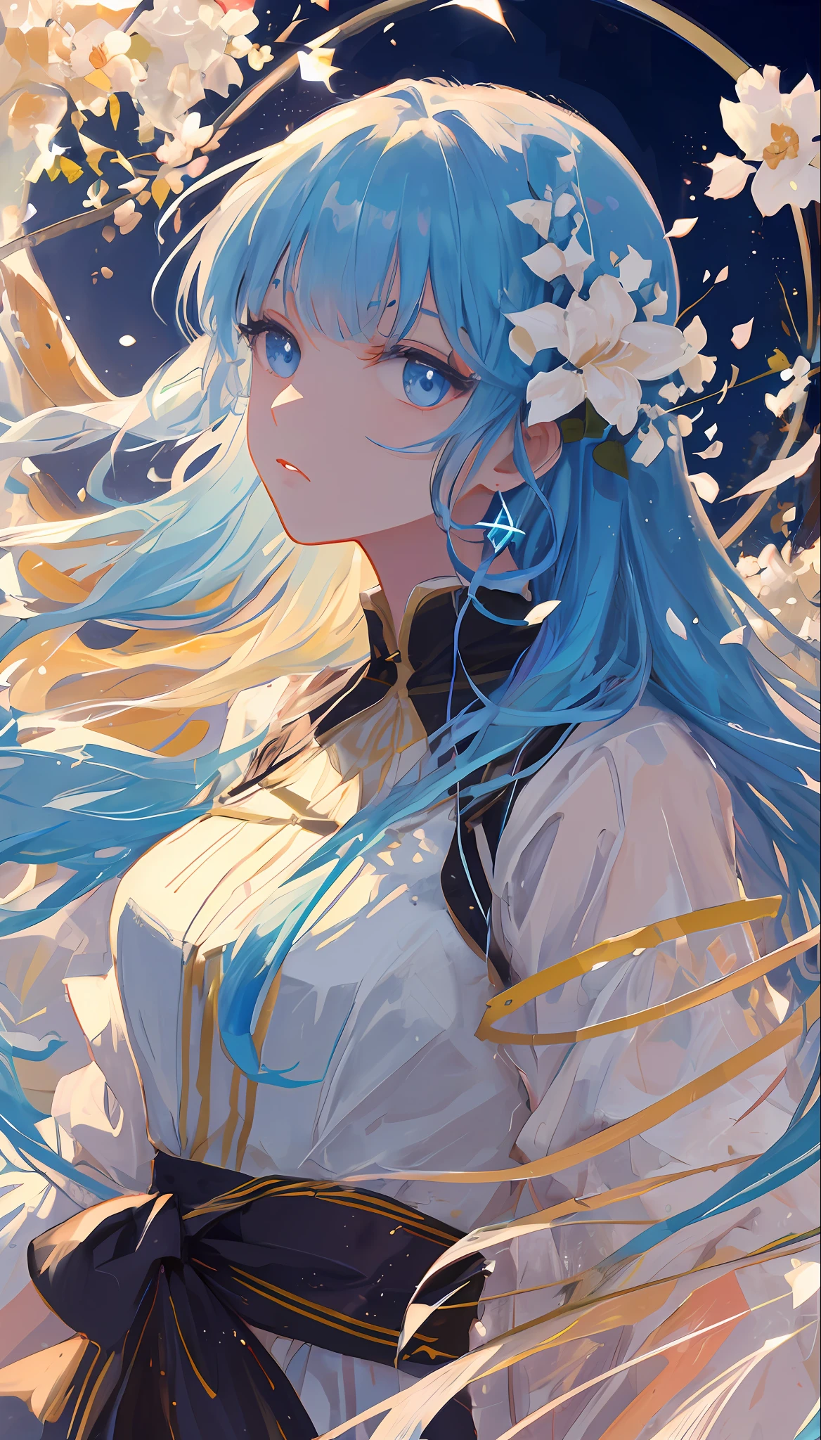 (masterpiece), (best quality), (ultra detailed),(disheveled hair),(illustration), (1girl), (Fashionable clothing), standing, Fashion model, looking at viewer, (interview), (simple background),beautiful detailed eyes, delicate beautiful face, Floating,(high saturation),(colorful splashes),colorful bubble,(shining), focus on face,  kamisato ayaka, light blue hair, bangs, hair ring, floating flowers, floating hairs.Girl, anime waifu, looking at viewer, highlydetailed, reflections transparent iridescent colors, long transparent iridescent RGB hair, artby Serafleur from artstation, thick acrylic，illustration on pixiv, waist up portrait, gorgeoussacred girl, best quality, ultra detailed,sad,clever,beautiful face , beautiful lighton black background, Character stvle renderedby Octane,