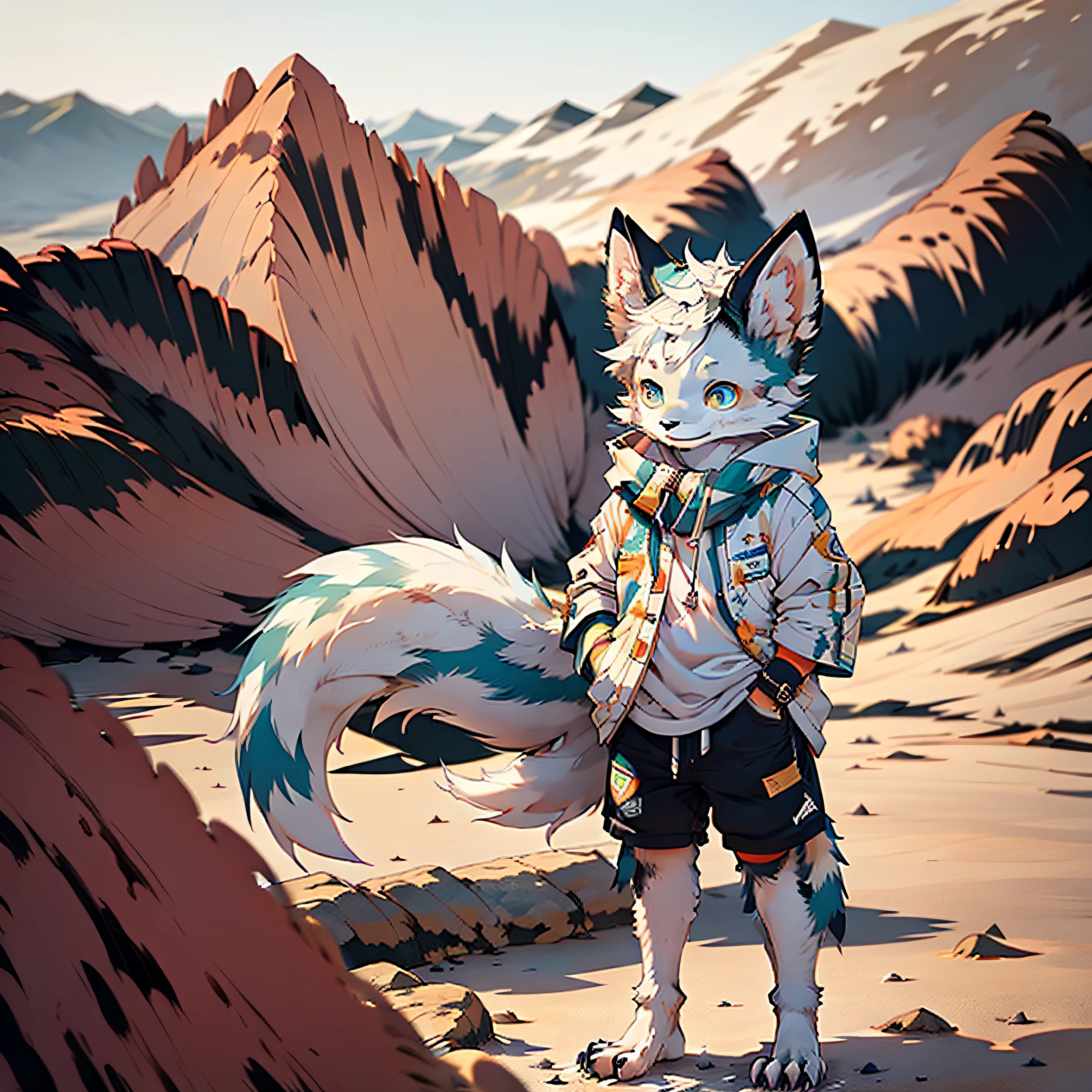 A male arctic fox，White ears，blue colored eyes，White fur，sharp talons，furry tail，is wearing a shorts，Barefoot，Standing in the desert，With bells。