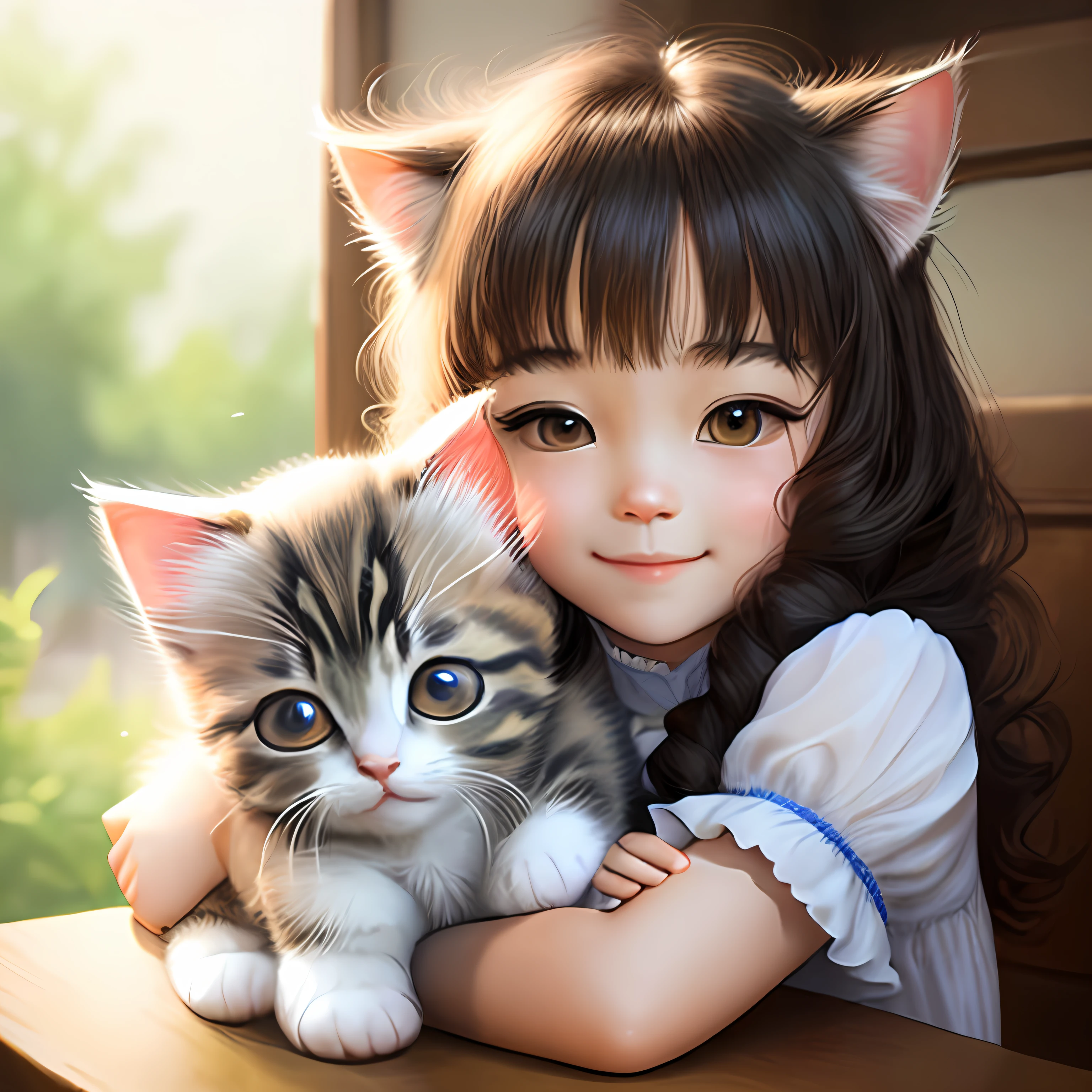 (cute little、Holding a white fluffy kitten) --auto