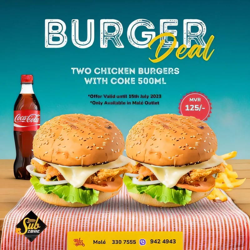 a poster advertising a burger deal with two chicken burgers and a coke, food advertisement, hamburgers and soda, order now, burger, operating on burgers, food commercial 4 k, ❤🔥🍄🌪, big juicy burger, fast food review, deathburger, fast food, super realistic food picture, ad image, 💣 💥💣 💥, regal fast food joint