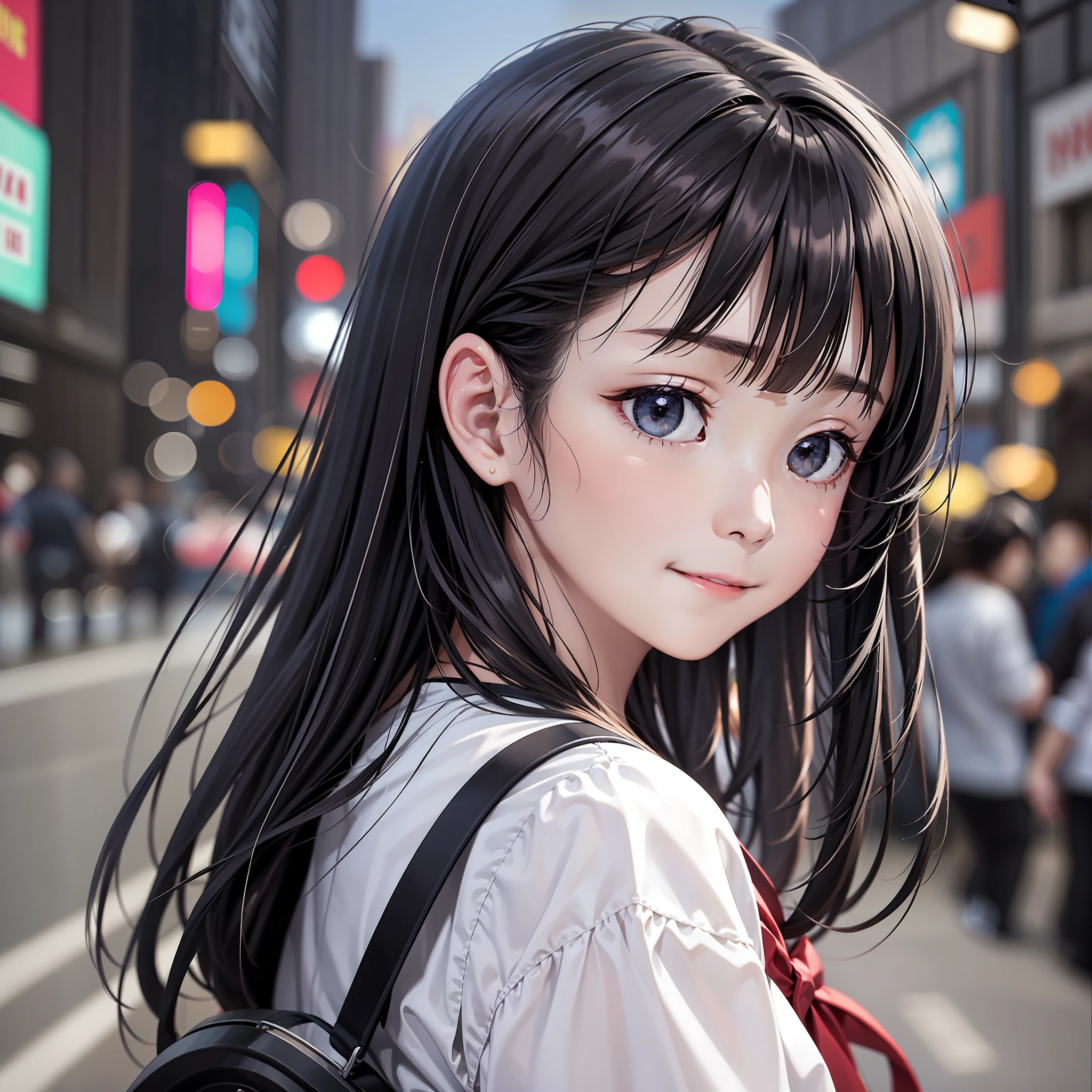 ((​masterpiece))、hard disk、top-quality、ultra-detailliert、hight resolution、Harajuku、Very delicate and beautiful portrait of a cute woman、A slight smil、hi-school girl、The long-haired、Striking black hair and gray eyes、Bright city lights、Wrapped in a sense of mystery。