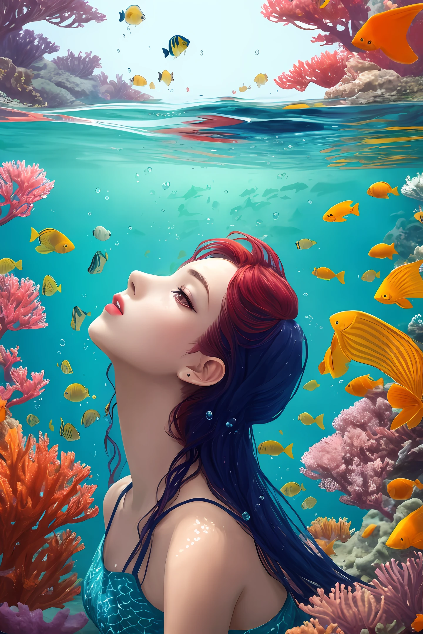 Paint_Style, 1girll, 独奏, long whitr hair, looking at viewert, green-eyed, red hair, parted lip, Eau, cparted lips, leafs, head looking up, monstergirl, Partially submerged, freckle, The fish, under the water, airbubble, mermaids,Fish tail,three primary colors