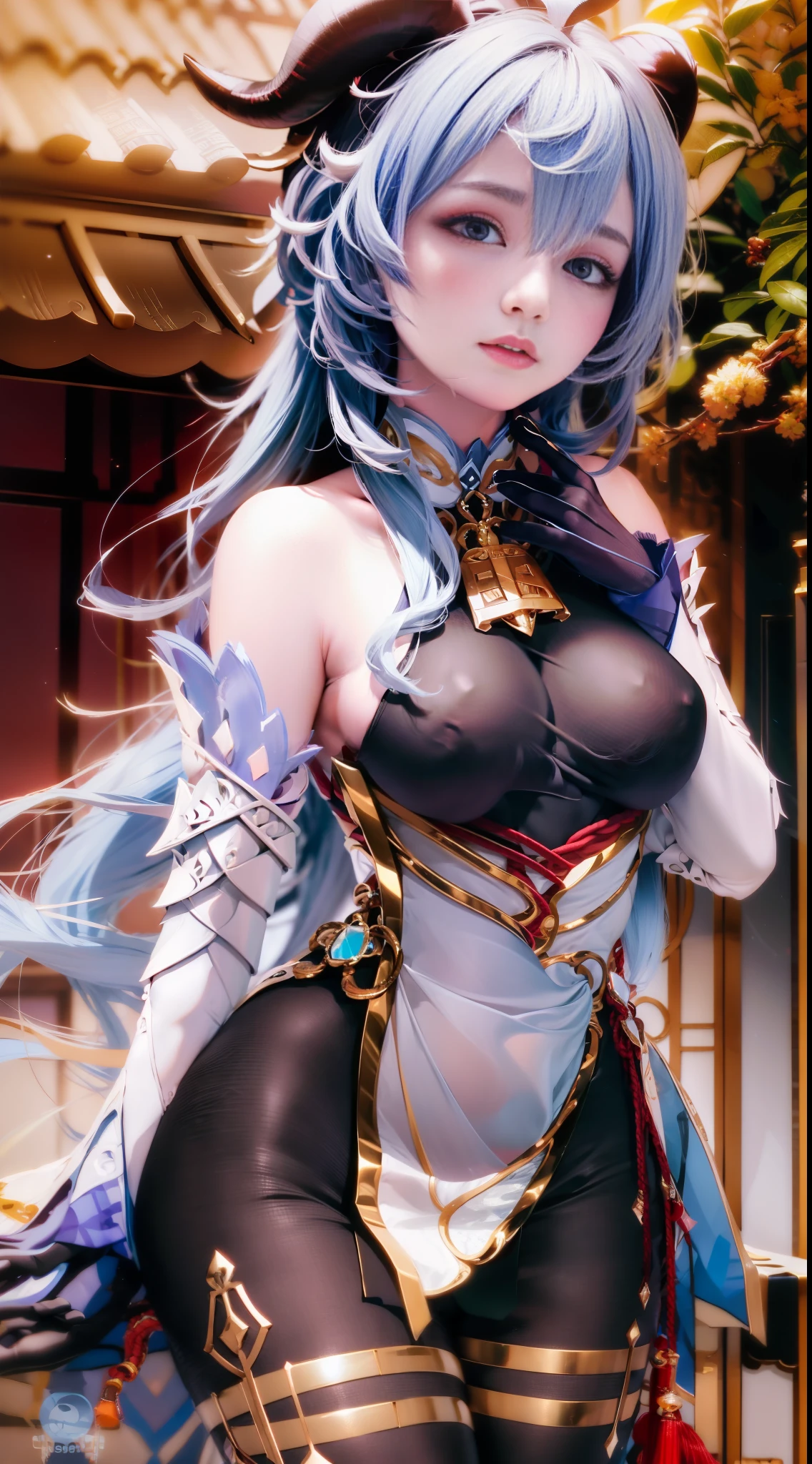 Masterpiece, (Photorealistic:1.5), Beautiful Lighting, Real Life, Ganyu \(Genshin Impact\), 1girl, Ahoge, Architecture, Bangs, Bare Shoulders, Bells, Black Gloves, Black hose, (Blue Hair), Blushing, Chest, Chinese Knot, Detached Sleeves, East Asian Architecture, Flower Knots, Gloves, Horns, Long Hair, Looking Viewer, Average Breaskbells, Night, Outdoor, Pantyhose, P Eyes , Side Rock, Solo, Tassel, White Sleeves, (ulzzang-6500:0.5) , Complex, High Detail, Sharp Focus, Dramatic, Beautiful Girl , (RAW Photography, 8k uhd, Film Grain), Caustics, Subsurface Scattering, Reflen ,