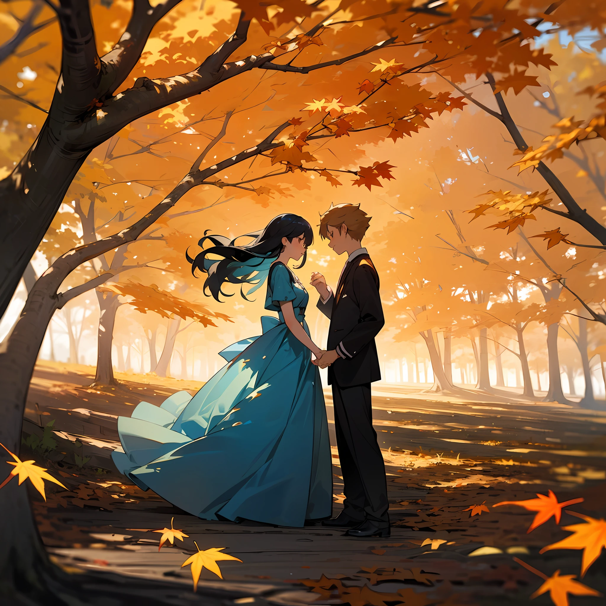 Couple holding hands on maple leaf-covered paths,It is surrounded by tall maple trees,The sun sets over the forest,(Girls wear blue dresses,Long hair flowing up,The boy walked sideways)Maple yellow,The floor is covered with autumn leaves,In the distance came the singing of birds。 --auto