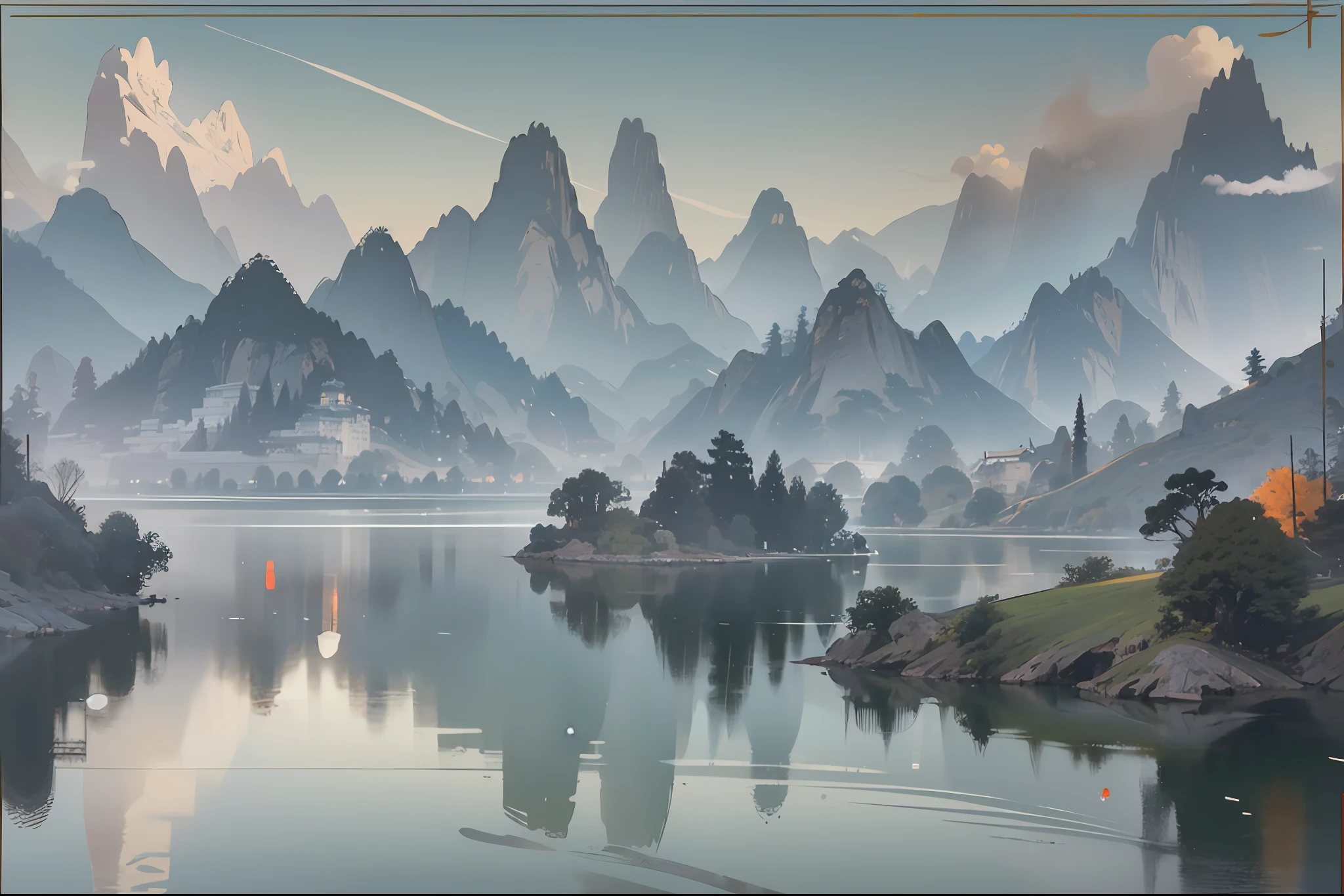 (Chinese Classical Ink Painting:2),(Two-thirds are left blank:2),Wallpapers,best qualtiy,8K,4K,The main body of the picture is a lake,(Mountains in the distance:1.1),abstracted,artistic conception --auto
