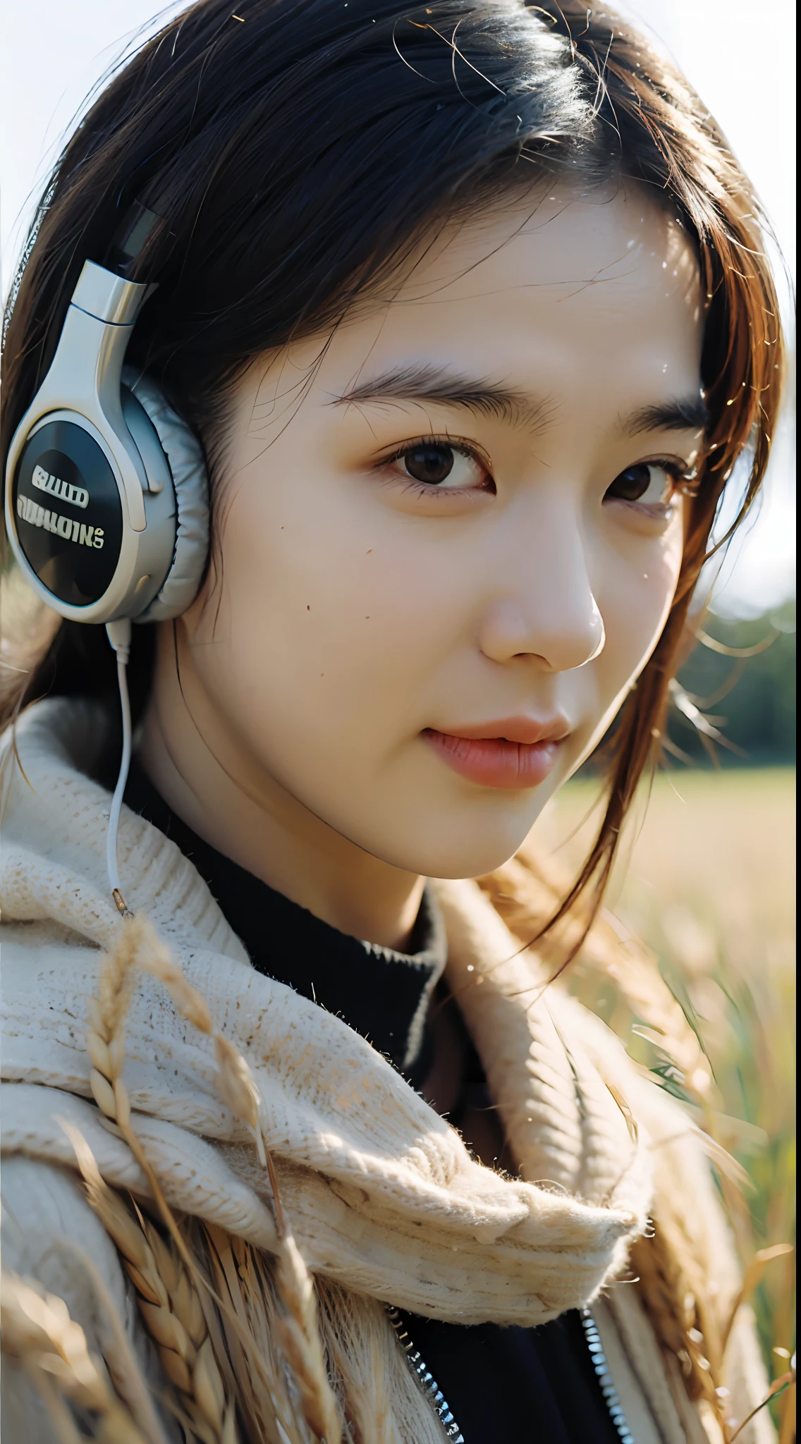 Best quality, masterpiece, super high resolution, (realistic: 1.4), original photo, wallpaper, head photo, skin, simple background, black eyes, detail, selfie, 1 boy, 18 years old, handsome, breeze, sunshine, headphones, wheat field