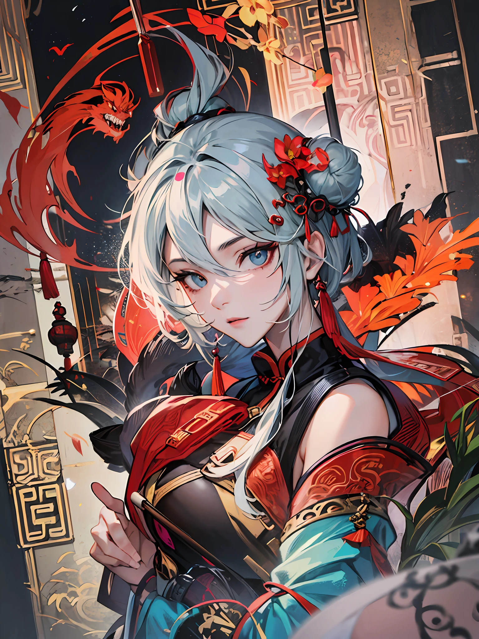 masterpiece, best quality,Chinese fairy, 1girl\(loli\) and iris red dragon, Chinese dragon pan glaring at girl, bun, dark gray background,