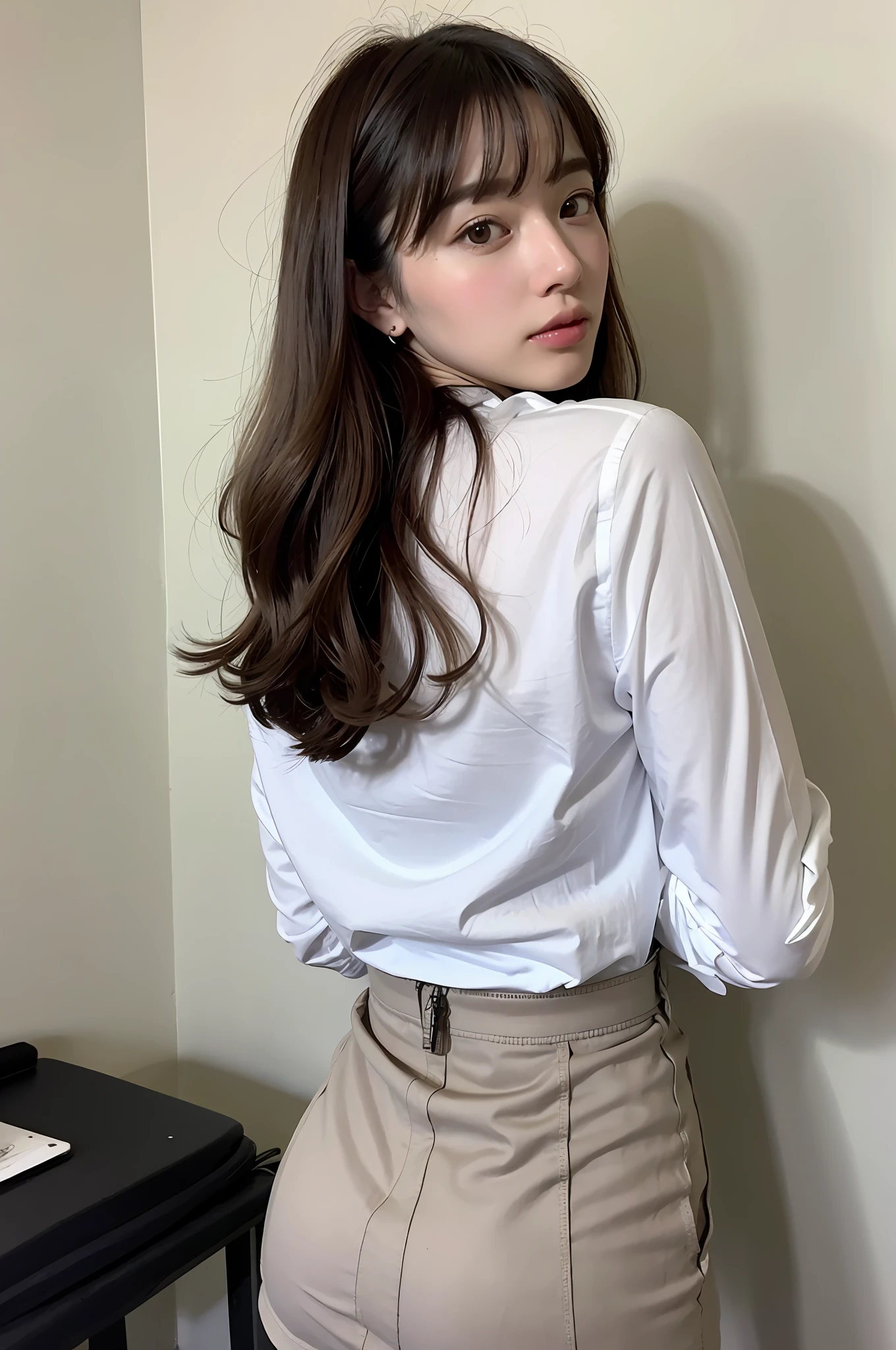 ((8K:1.27)、top-quality、​masterpiece、超A high resolution:1.2)photo beautiful Japanese woman(pleasing:1.1) (White shirt:1.21) Design by Gregg Lutkowski and Alphonse Mucha Intricate Elegance、Fantasia、the detail、Geometry、Gradient lighting、1girl in、Delicate skin、looking at the viewers、Brown-eyed、(short hair with bangs:1.2)、(Medium chest:1.0)、(medium areola:0.8)、(realisitic:1.4)、(top-quality:1.0)、(超A high resolution:1.0)、8K、Raw photography、(​masterpiece:0.2)、(pureerosface_v1:0.5)、 white  clothes、tight dark gray tight skirt、stick out your big butt、Hands on the wall、facing back、Angle from behind、s Office、Upper body is low、You can see the shape of the buttocks well、