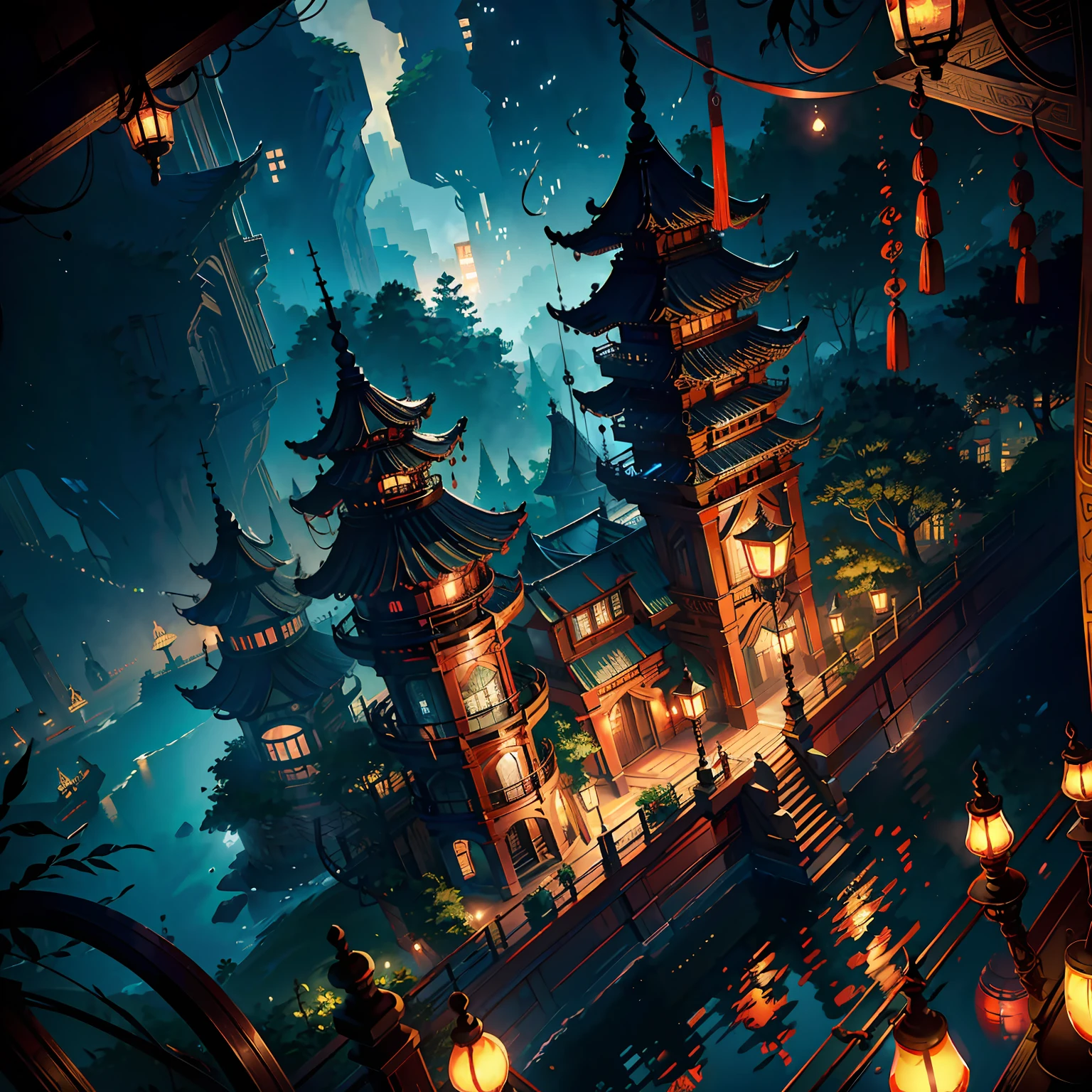 "The Blue Tower of the Gods,The colors are predominantly blue and violet,With a small number of red elements。The picture presents a mysterious and magnificent atmosphere,You can feel the presence of the starry sky and stars。In the light blue sky, the god of the starry sky stands on the top of the starry sky tower,A world overlooking the entire civilized order。" --auto