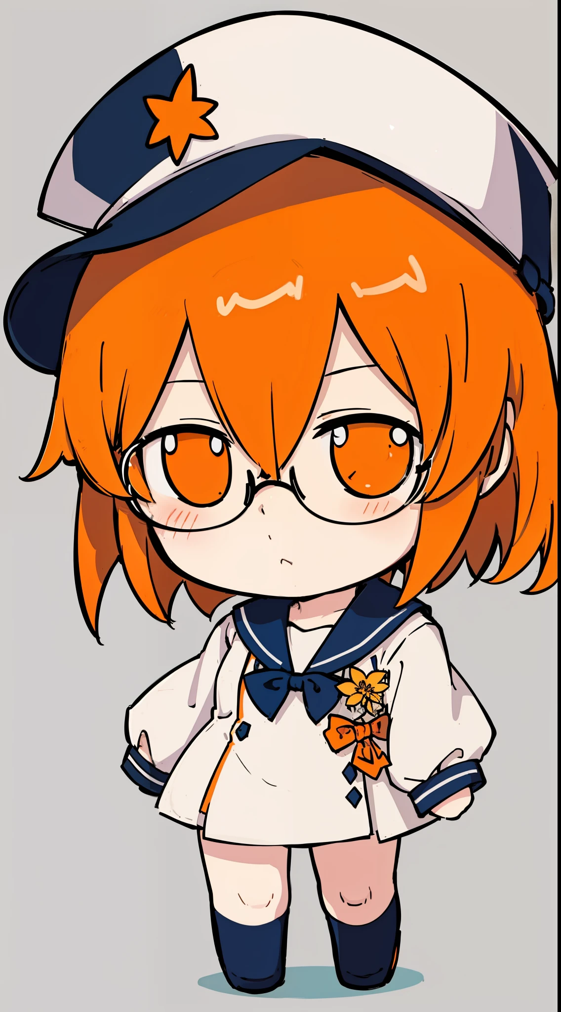 Big tits. Glasses. Orange eyes. Orange hair. Sailor uniform. Anime girls. Short hair. Sailor hat. Anime-style eyes. Setting picture. Perfect pupil. Solo. highest quality, full body, simple_background,