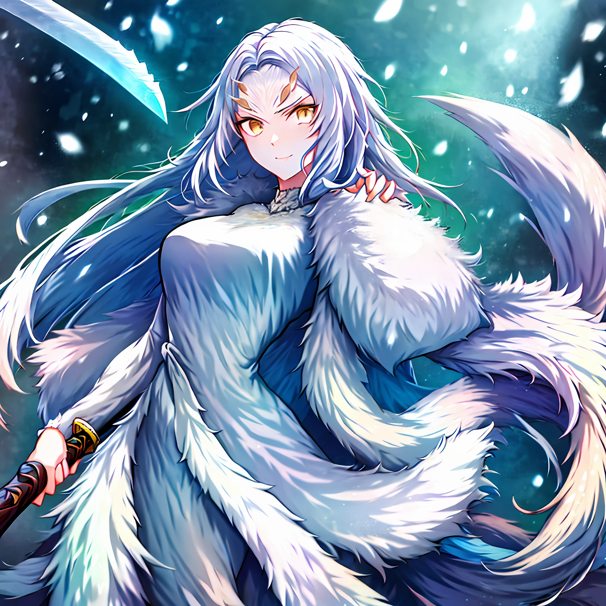 Girl in white, fair skin, long sword at waist, anime style, extreme picture, cold and colorful, long white hair