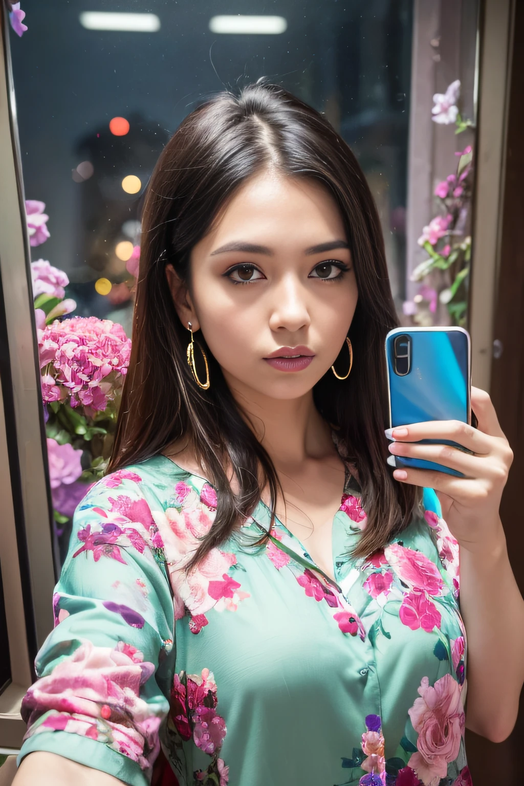 ((Selfie:1.1)), (raw:1.1) photo of (brunette Maj1j3j01-1500:0.99), a woman as a model, modelshoot style, (extremely detailed CG 8k wallpaper unit), photo of the world's most beautiful artwork, majestic professional oil painting by Ed Blinkey, Atey Ghailan, Studio Ghibli, by Jeremy Mann, Greg Manchess, Antonio Moro, trend at ArtStation, trend at CGSociety, Intricate, High detail, sharp focus, dramatic and photorealistic painting art by midjourney and greg rutkowski, (day:1.2), (dimly lit), (neon lights:1.2), (carnival:1.1), (makeup:1.1), ((window in the background)), ((flowery blouse:1.2)), (looking at the viewer:1.3), (detailed students:1.3), (modern clothing:1.2), (club makeup:1.2), (closeup:1.3), (earrings).