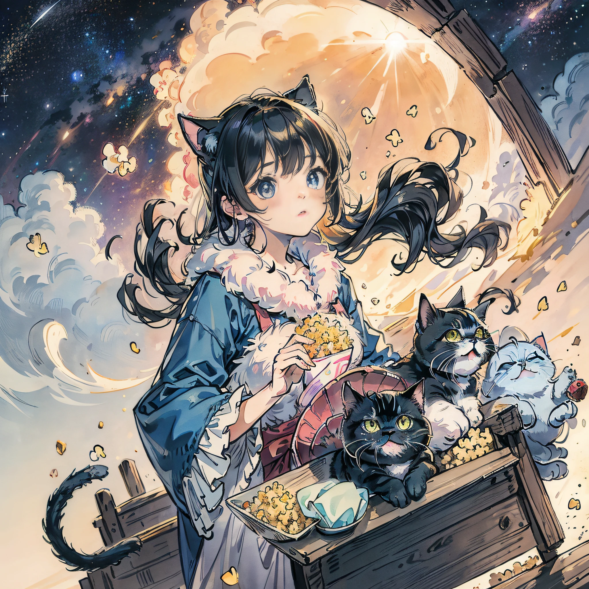 (Best quality, masterpiece), adorable kawaii persian cat, Particle, Wind, Popcorn, bright light background, look at the bar viewer, the milky way galaxy