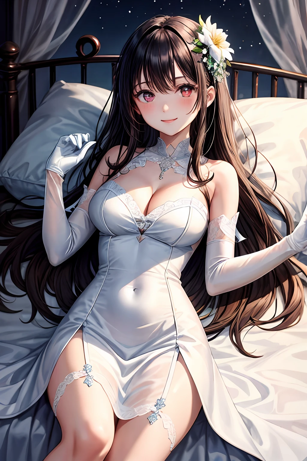 masterpiece, best quality, 1girl, flower, breasts, mideium_breasts, gloves, white_gloves, red_eyes, dress, white_flower, cleavage, hair_flower, elbow_gloves, long_hair, white_dress, solo, looking_at_viewer, smile, bangs, hair_ornament, blush, on back, white pupils, on bed,night