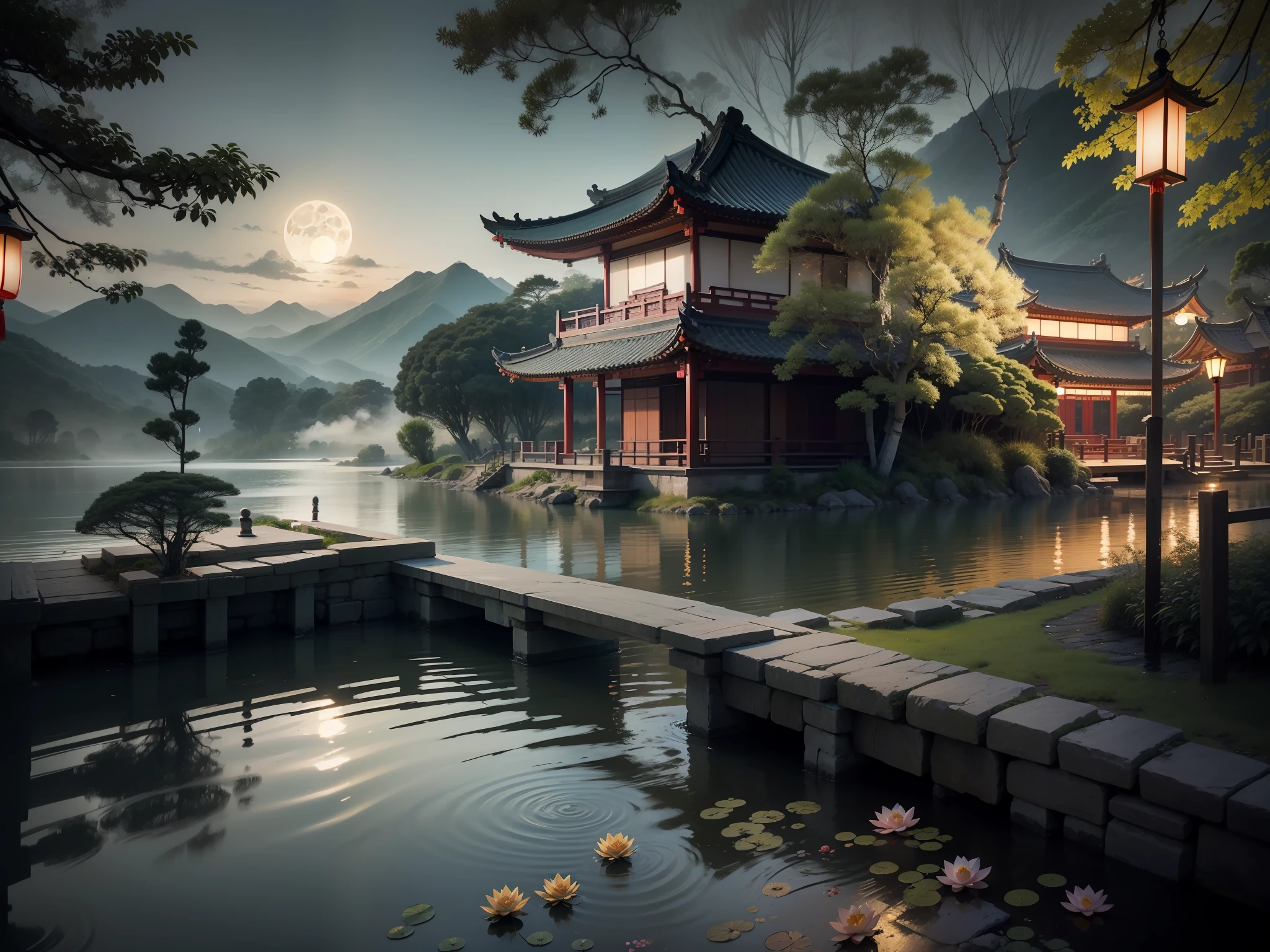 masterpiece, best quality, Chinese martial arts style, an Asian night scene with lanterns and water lilies, Asian lagoon with lanterns and boats night scene with many lights and boats on the water, lake surface, lotus flowers, beautiful night scene, ((Chinese martial arts style)))), with vast sky, continuous mountains and steep cliffs, inkwashing style, contour light, atmospheric atmosphere, depth of field, rising mist, bamboo, pine trees, octagonal stone pavilion, waterfall running water, large full moon, (No color), Monochrome, light color,