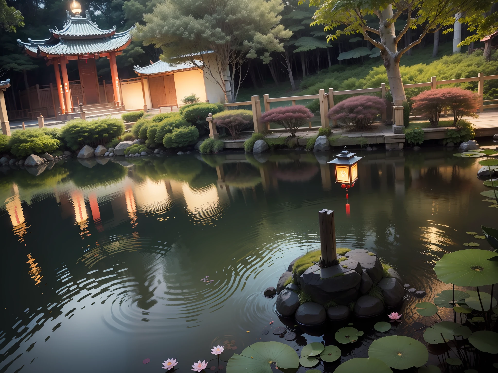 masterpiece, best quality, Chinese martial arts style, an Asian night scene with lanterns and water lilies, Asian lagoon with lanterns and boats night scene with many lights and boats on the water, lake surface, lotus flowers, beautiful night scene, ((Chinese martial arts style)))), with vast sky, continuous mountains and steep cliffs, inkwashing style, contour light, atmospheric atmosphere, depth of field, rising mist, bamboo, pine trees, octagonal stone pavilion, waterfall running water, large full moon, (No color), Monochrome, light color,