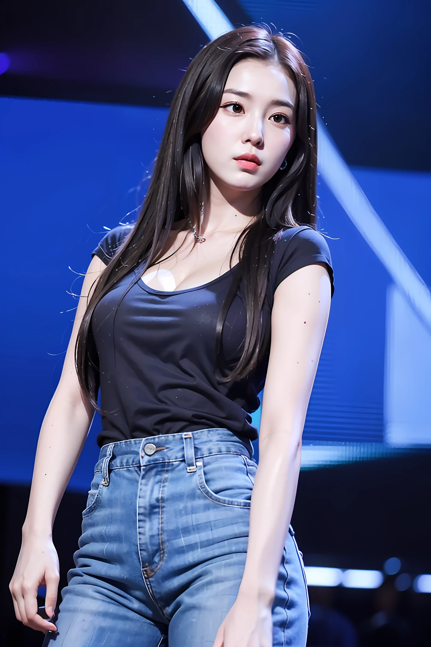 a potrait of a beautiful korean idol, 25 years old, long black hair, black shirt, blue jeans, perform on the stage, breast 1:2, (50 mm leica lens)
