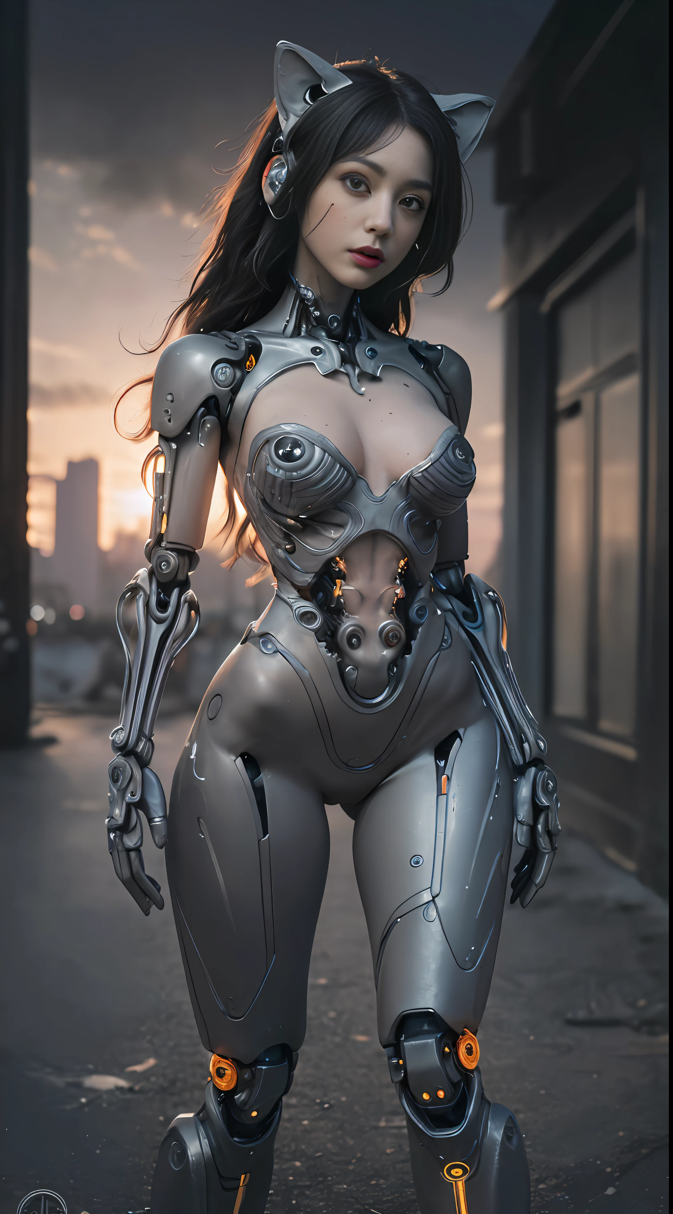 A realistic cinematic shallow focus scene of a cute young biomechanical cyborg kitten female, her full body standing with a fluid movement in a simple barren place with stunning cloudscape and a sunset.Gothloli details、
(wearing futuristic clothing (tangerine:0.3) of her (intricately detailed anatomical sculpted biomechanical graphite cyborg arms, intricately detailed anatomical sculpted biomechanical graphite cyborg torso, intricately detailed anatomical sculpted biomechanical graphite cyborg legs), (Intricately detailed anatomically sculpted biomechanical graphite cyborg grady).Futuristic headset、
(Anatomically sculpted biomechanical graphite cyborg、Elegant and glamorous goth detail cable, The wire and green microchip are、Skillfully made into her female cyborg body)
Slender hot fit body with a gorgeous young round face, expressive big round eyes, hair messy:1.7), (Kitten ears), (empty hands).
Captured with bright natural light and beautiful vibrant colors. 8k resolution image with a masterful cyberpunk style.
The scene has a strong heroic unconquerable mood, a masterful complete scene of the female full body standing with a happy expression.