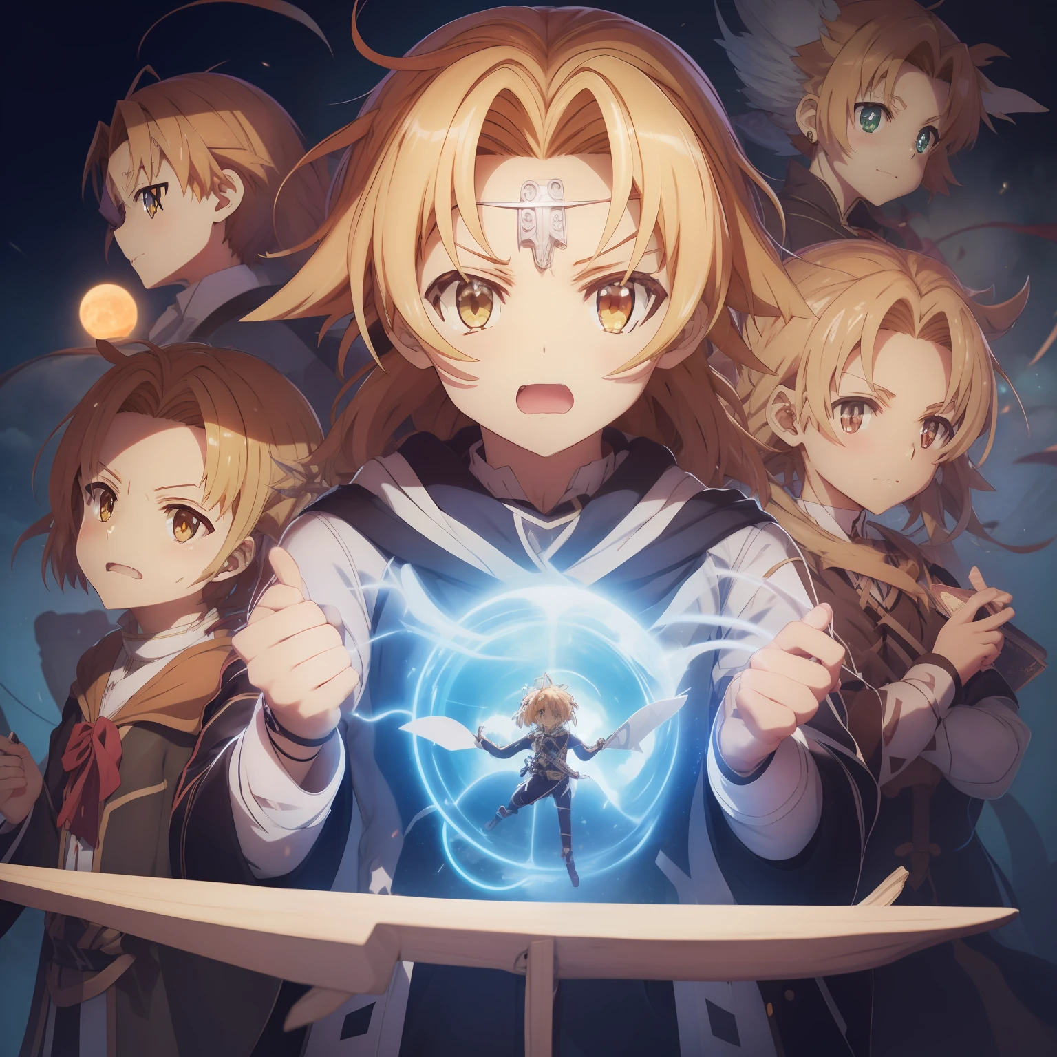 (((Rudeus))),((Obra-prima do anime))), Concentrando Magia verde azul, vortex, particuls, (sentado), 1 garoto, ambiente de fantasia, (((rindo))), Chibi, master part, a melhor qualidade, ((((((((((estatueta de caixa cega))))))))))),Unboxing, alto detalhamento, hiper-realista, reluzente, real, ((fabricando com magia))