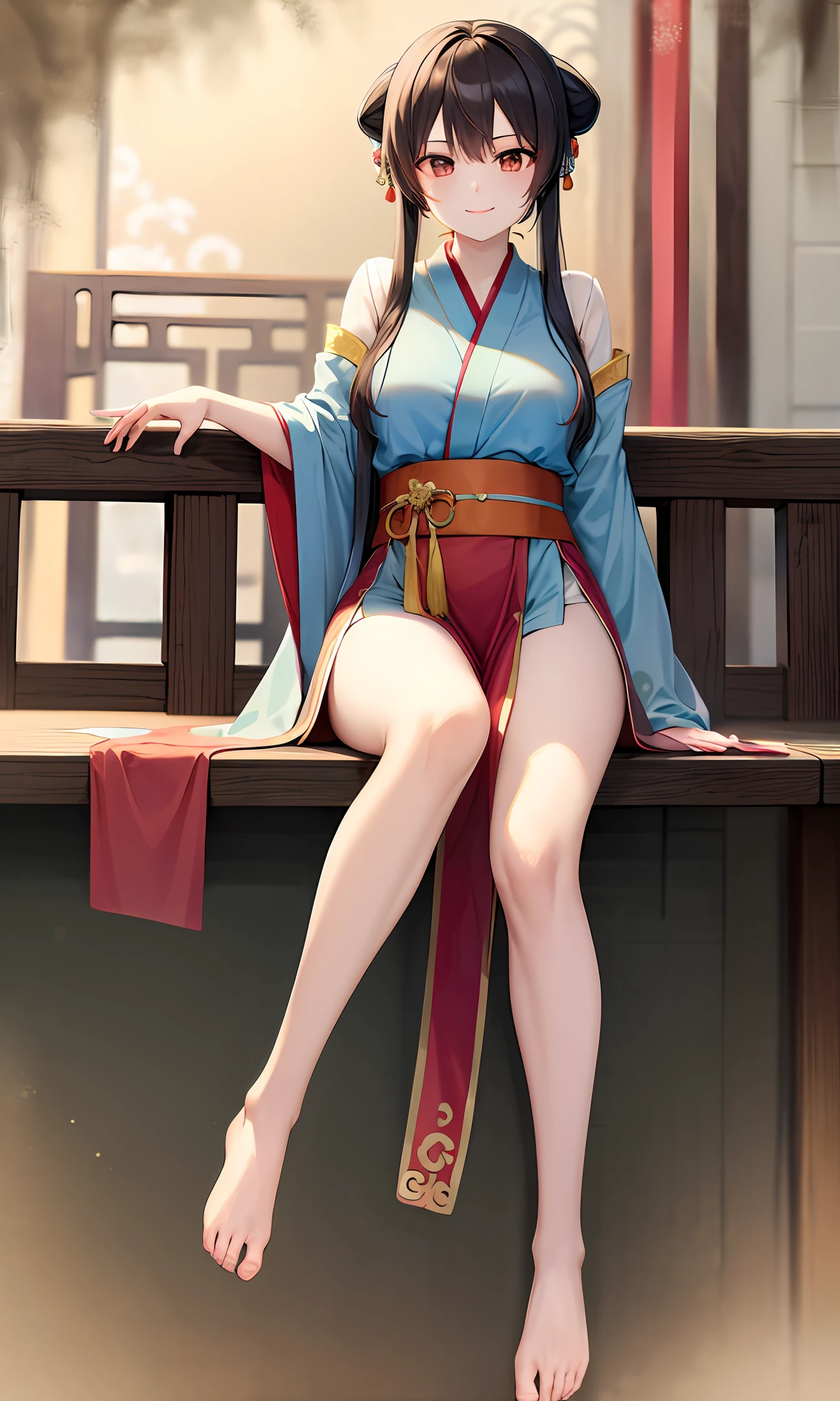 Hanfu beautiful girl alone Chinese painting anime style barefoot sitting cross-legged smile Qingyi masterpiece The ultimate picture