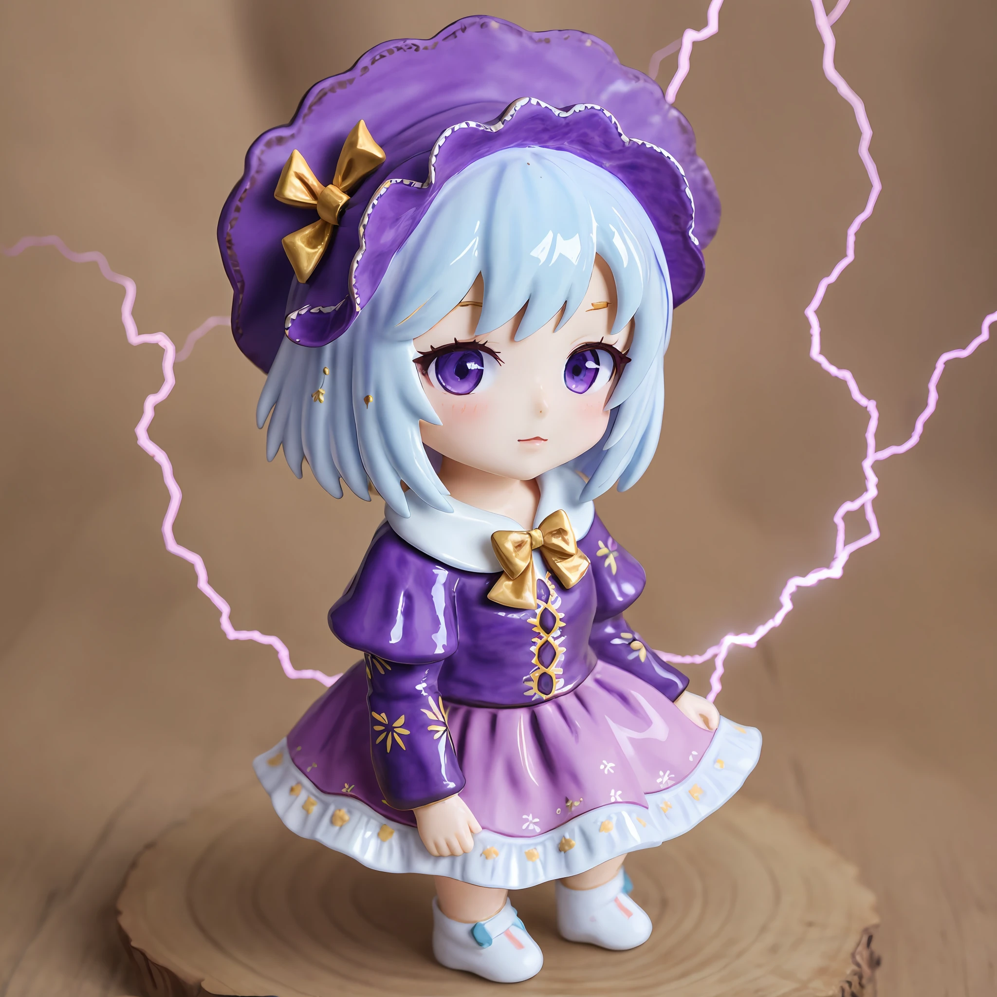 vallavica_animals, porcelain animal, ceramic figurine, chibi, cute, 

1girl, bow, dress, female focus, frills, hat, lightning, purple hair, red eyes, ribbon, shawl, short hair, solo