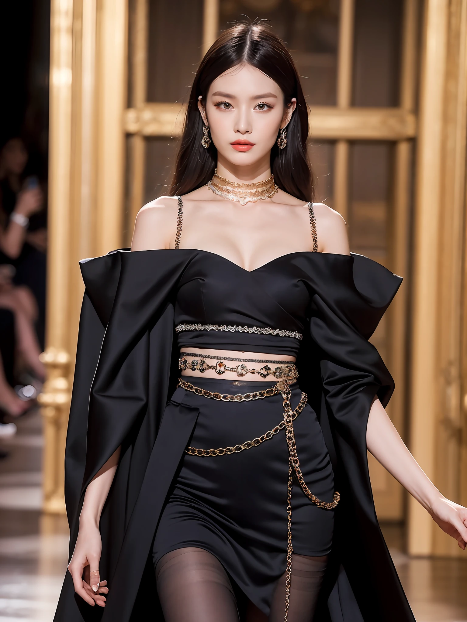 A 30-year-old mature European woman dressed in YSL haute couture style walks the runway,waist chains,Skirt that wraps hips,Baroque ornaments,Fashionab,Powerful,female power,Highly fine skin and body,Shawl black long curly hair