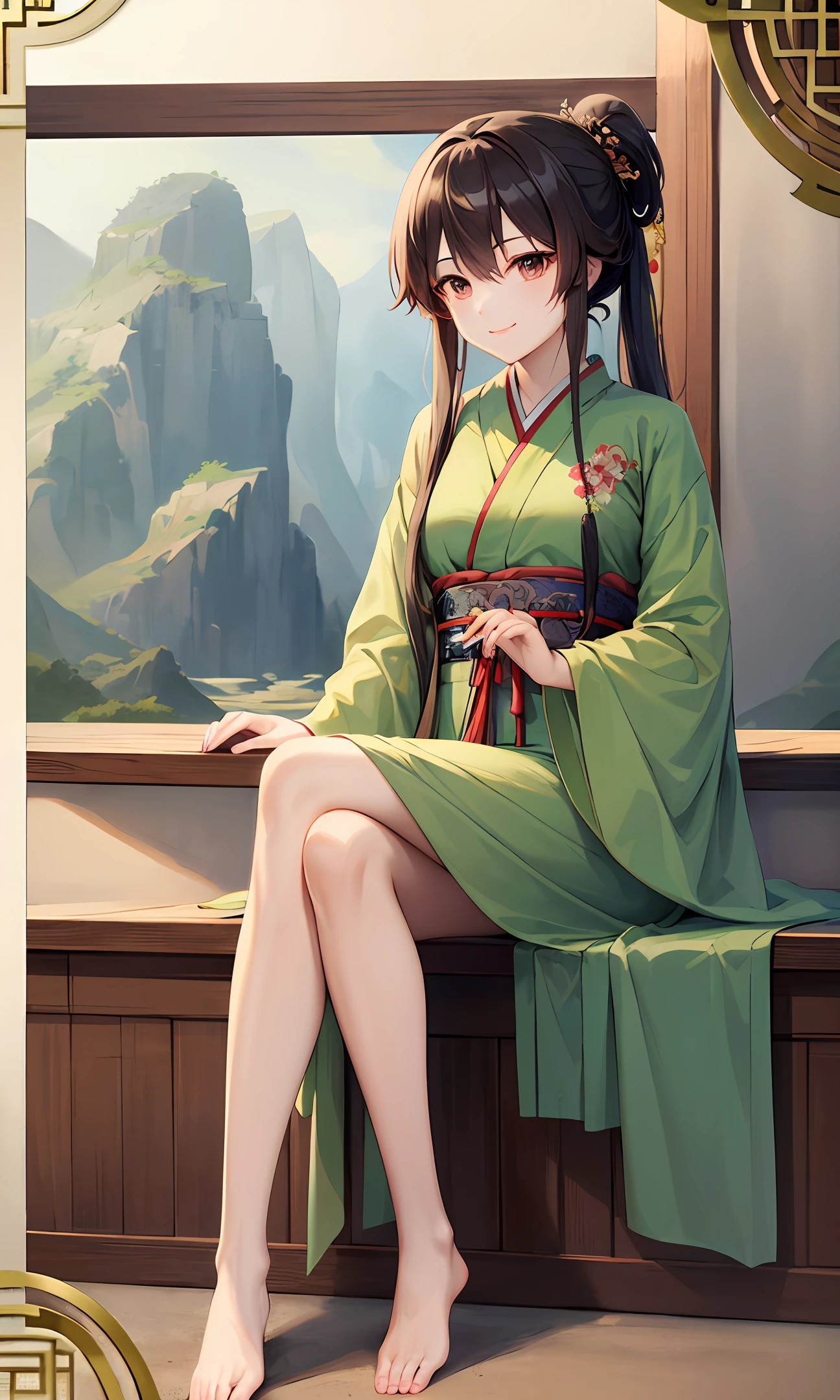Hanfu beautiful girl alone Chinese painting anime style barefoot sitting cross-legged smile Qingyi masterpiece The ultimate picture