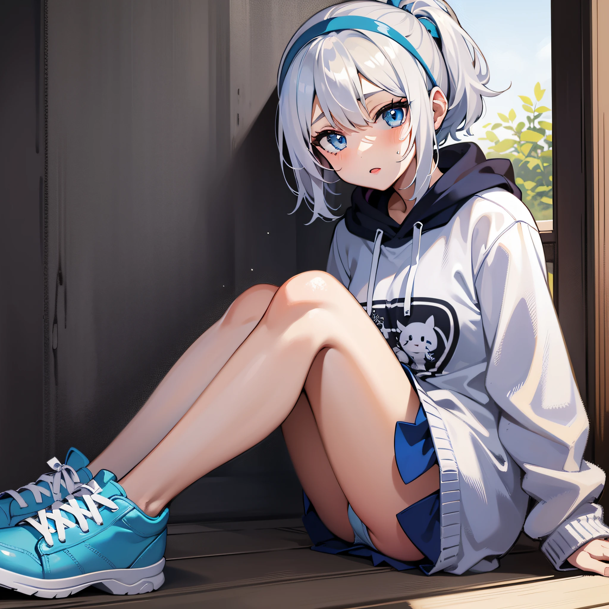 Anime characters with white hair and blue eyes, anime visual of a cute girl, Anime moe art style,Girl with short white hair, Shoujo white hair young anime girl, official character art,sweatshirts，teens girl，Gray hair sky blue gradient，red hairband，huge tit，Short ponytail hair，White high-top flats，Sitting down，Exposed panties，Bare chest，pornographic