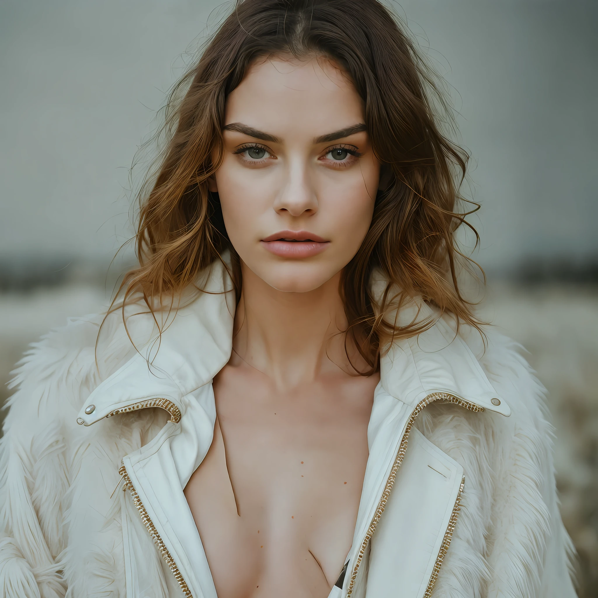 fashion magazine photoshoot, beautiful top model woman wearing only coat, topless, posing, bored face expression, skinny body, elegant, detailed, deep photo, raw photo, film grain, grainy photo, professional photo, artistic, style of Tyler Shields