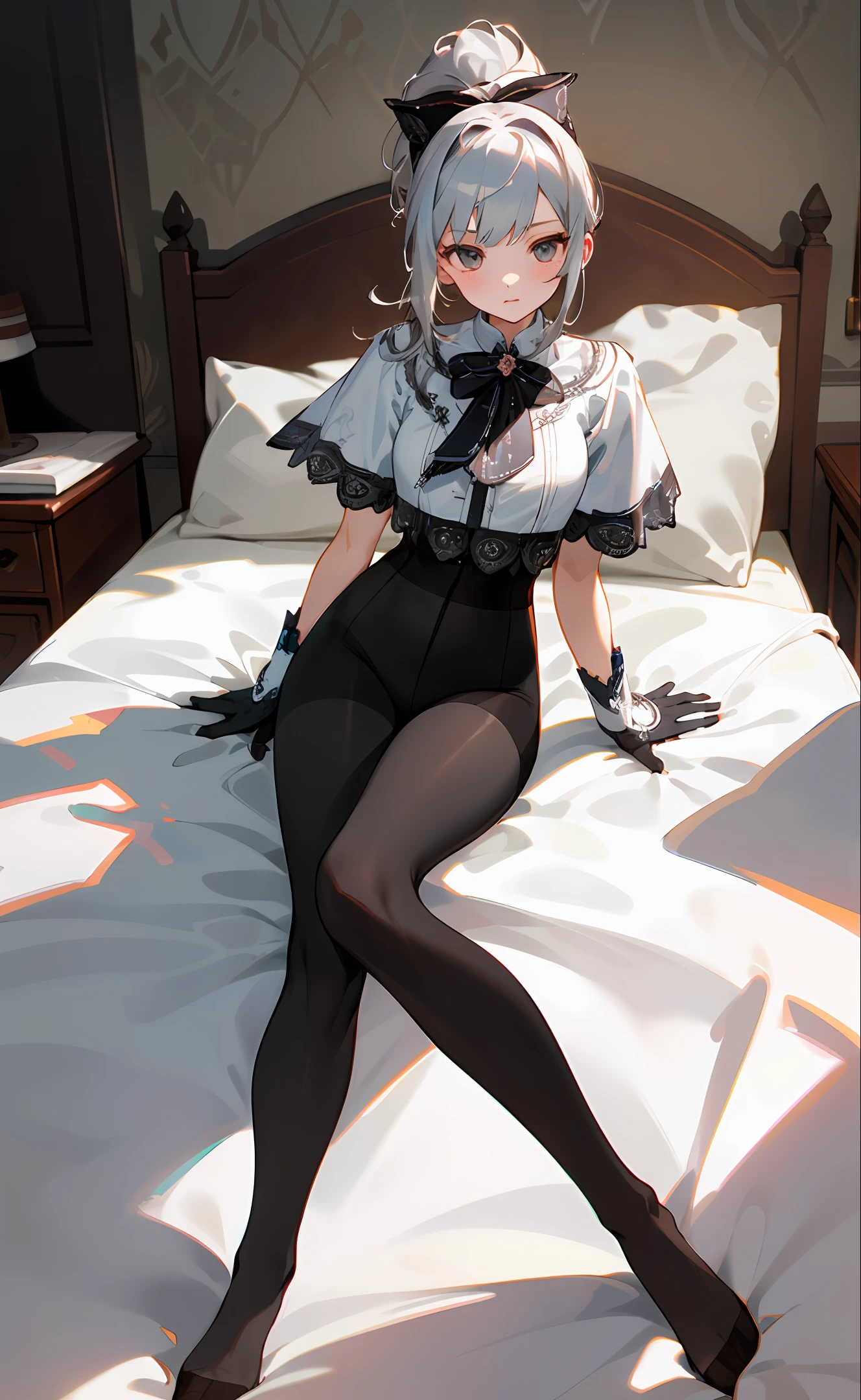 (((1 girl)),ray tracing,(dim lighting),[detailed background (bedroom)),((silver hair)),((silver hair)),(Fluffy silver hair, plump slender girl)) with high ponytail)))) Avoid blonde eyes in the ominous bedroom ((((Girl wears intricately embroidered black high-waisted pants with pantyhose) and white ruffled bow gloves), showing a delicate slim figure and graceful curves, correct limbs, sitting on the bed