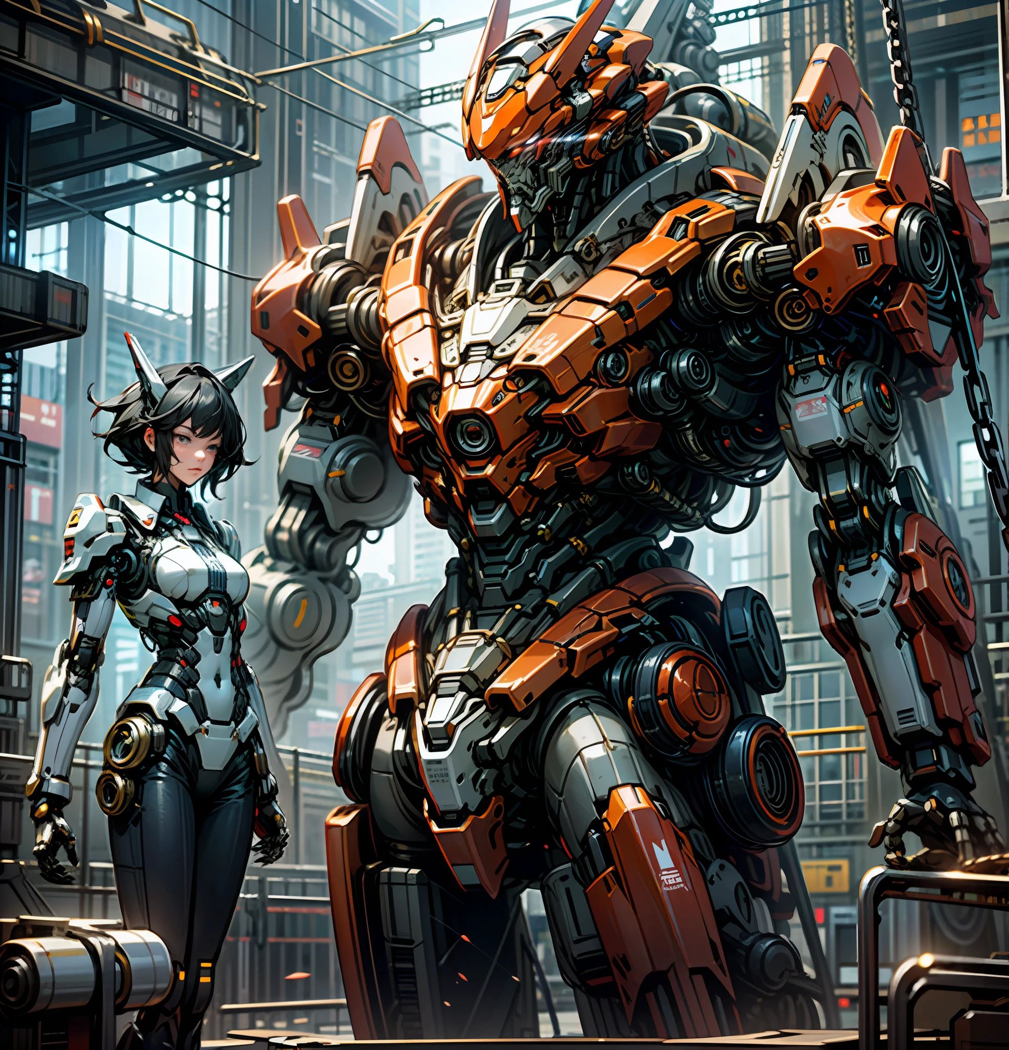 Dark_Fantasy,Cyberpunk,(chain saw,chain saw man,Red:1.1),1man,Mechanical marvel,Robotic presence,Cybernetic guardian, wearing a worn-out mech suit, intricate, (steel metal [rusty]), elegant, clear focus, shot by greg rutkowski, soft lighting, vibrant colors, masterpiece, ((street)), cowboy shot, dynamic pose,