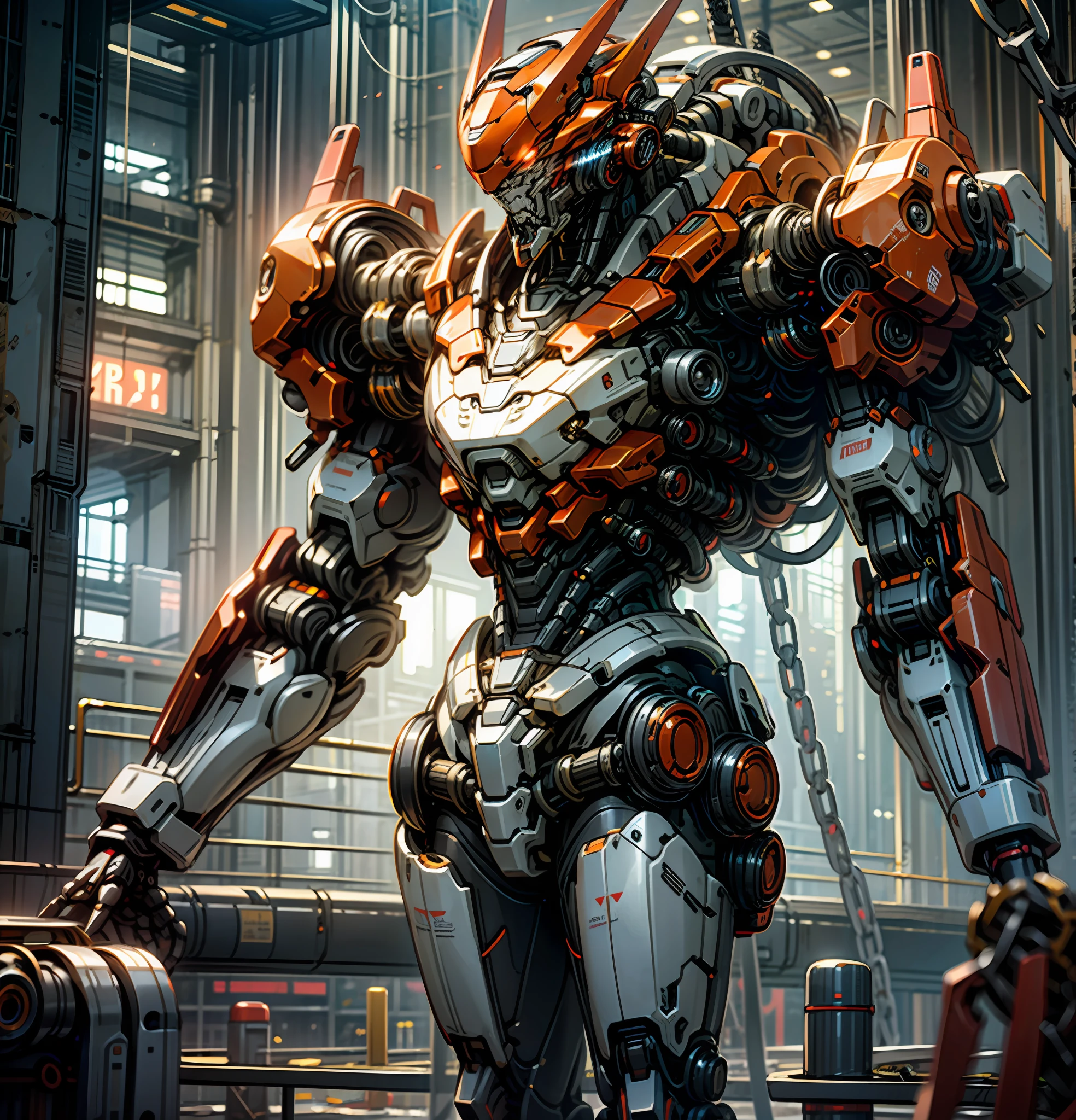 Dark_Fantasy,Cyberpunk,(chain saw,chain saw man,Red:1.1),1man,Mechanical marvel,Robotic presence,Cybernetic guardian, wearing a worn-out mech suit, intricate, (steel metal [rusty]), elegant, clear focus, shot by greg rutkowski, soft lighting, vibrant colors, masterpiece, ((street)), cowboy shot, dynamic pose,