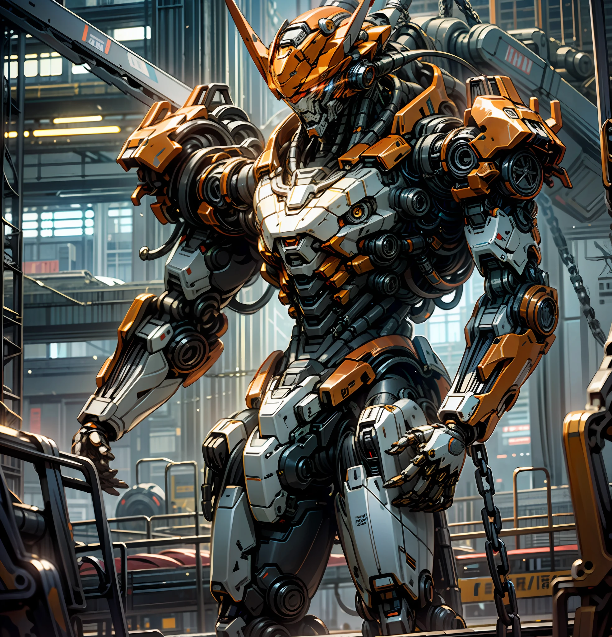 Dark_Fantasy,Cyberpunk,(chain saw,chain saw man,Red:1.1),1man,Mechanical marvel,Robotic presence,Cybernetic guardian, wearing a worn-out mech suit, intricate, (steel metal [rusty]), elegant, clear focus, shot by greg rutkowski, soft lighting, vibrant colors, masterpiece, ((street)), cowboy shot, dynamic pose,