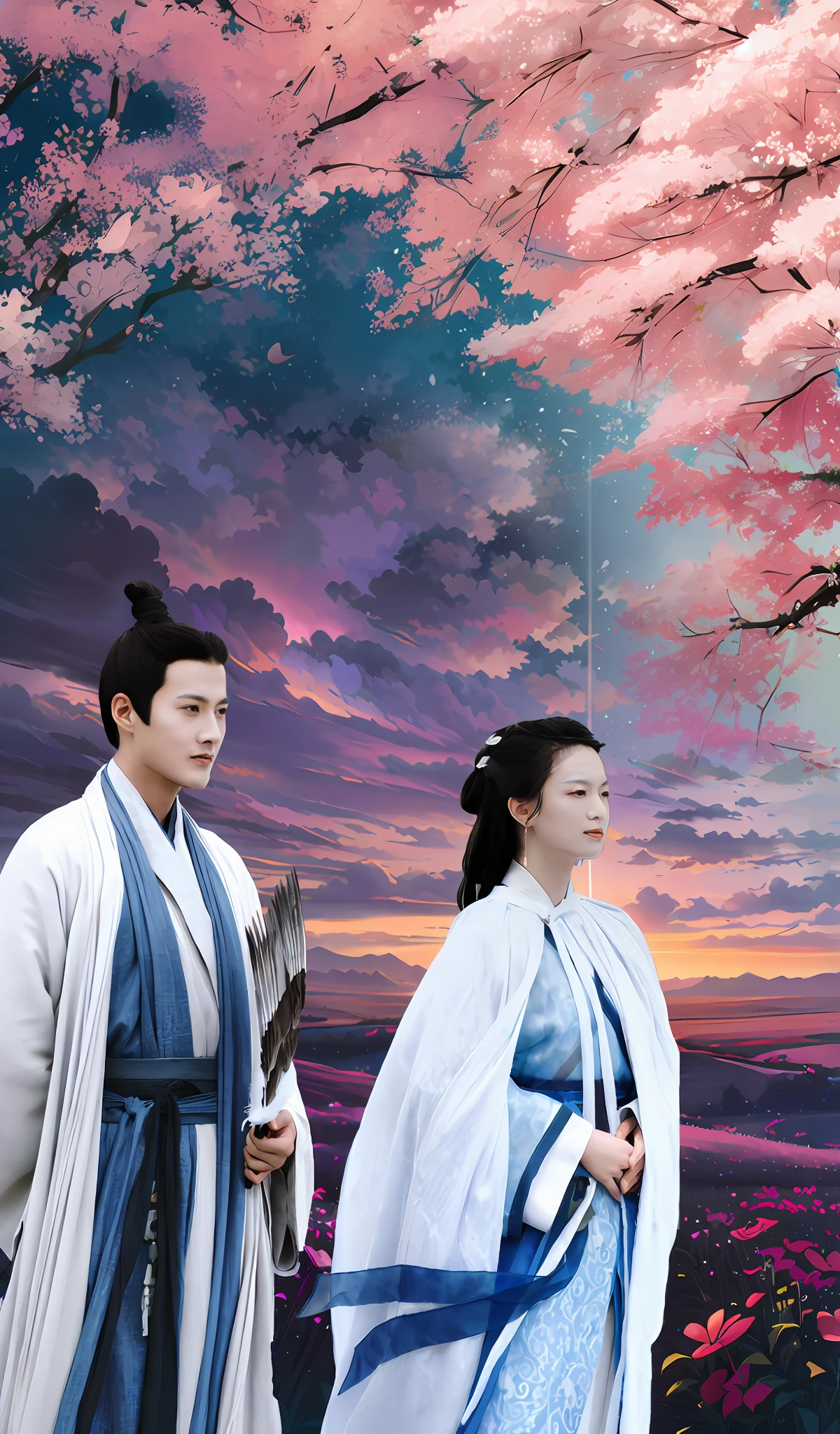 Two Asian women dressed in traditional costumes stand under a tree, full-body wuxia, Wuxia, Inspired by Seki Dosheng, Hanfu, White Hanfu, film promotional image, Wearing ancient Chinese clothes, Ruan Jia and Fenghua Zhong, history drama, xianxia fantasy, flowing white robe, inspired by Gu An