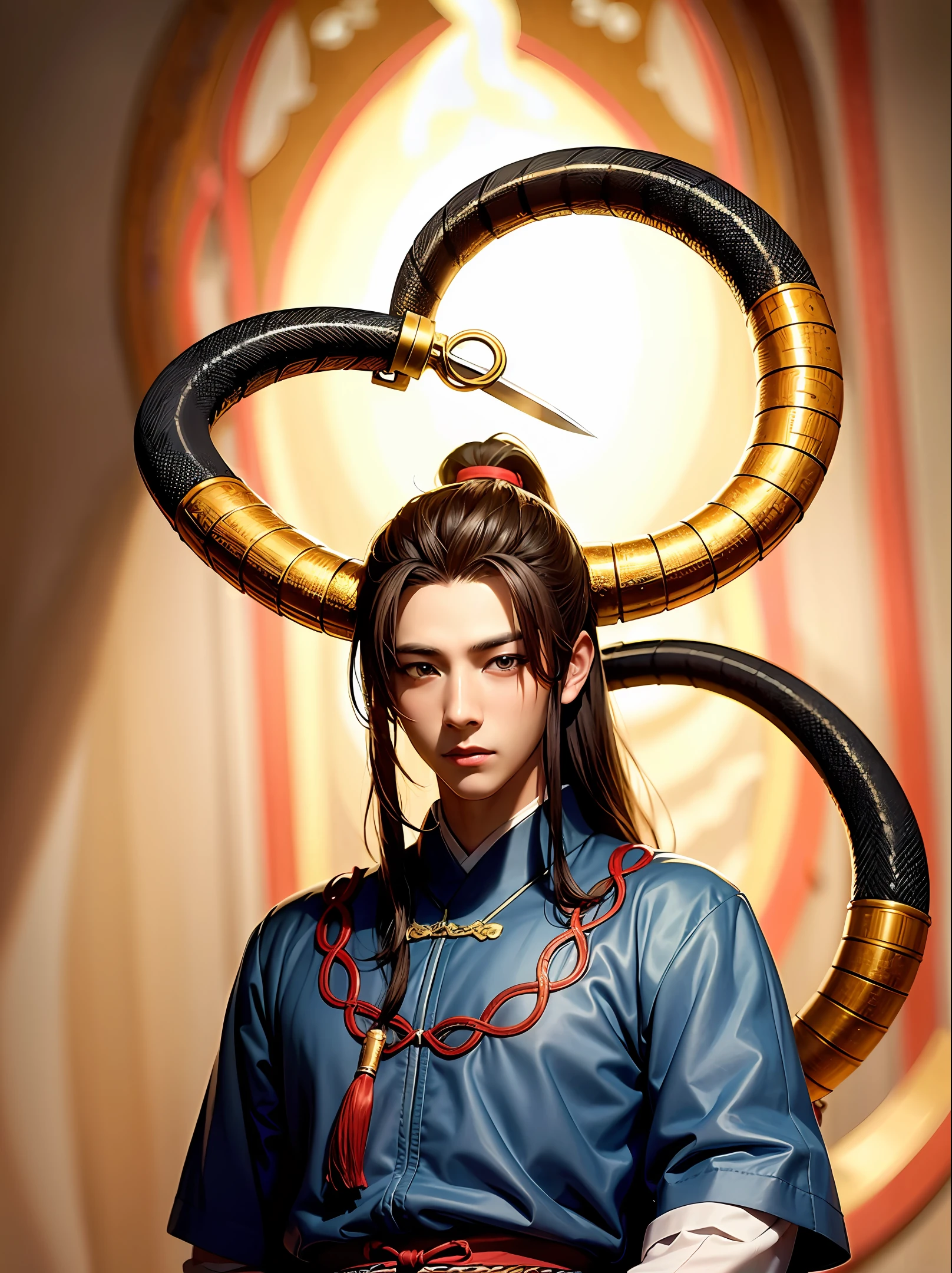 A close-up of a young man with a long sword on his back,ancient wind,Ancient Chinese man spirit snake bun hairstyle,Ancient Chinese clothing,head bowed slightly,A high resolution,Handsome figure painting,Stunning character art