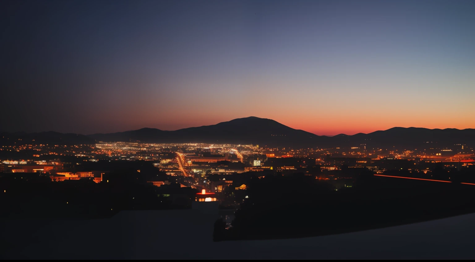 arafed view of a city at night with a mountain in the background, city twilight landscape, scenic view at night, vista of a city at sunset, city sunset night, twilight ; wide shot, photography shot at blue hour, night view, twilight city on the background, night scenery, ethereal starlit city at sunset, night city in the background