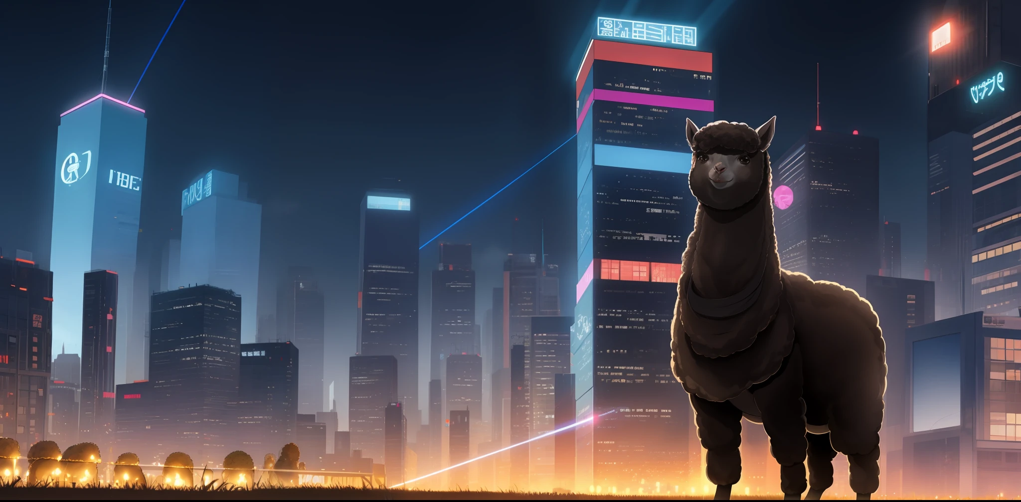 城市,the night,Realistic alpacas,cyber punk perssonage,laser eyes,nighttime scene,High-rise buildings,Cool alpaca,Alpacas should be bright,The main colors are pink and light blue,