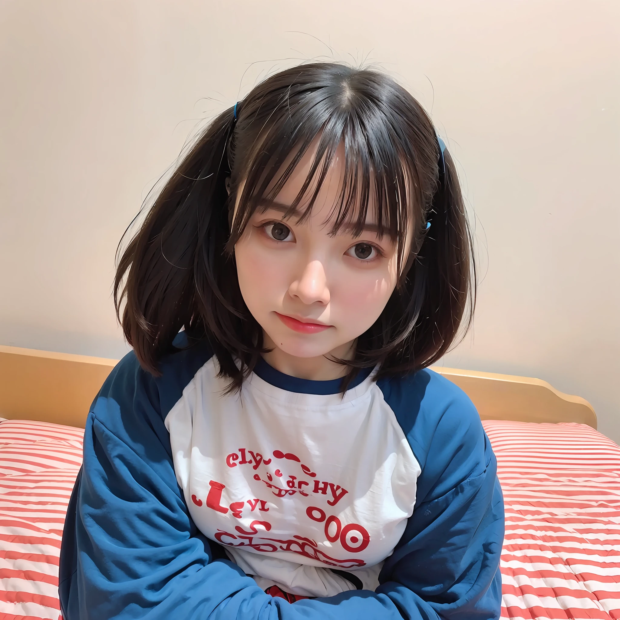 There was a young girl in a blue shirt sitting on the bed, Women with short hair, jaeyeon nam, hime-cut, tidy hair,By bangs, With long hair, Korean girl, taken with sony alpha 9, taken with canon eos 5 d mark iv, taken with canon eos 5 d,