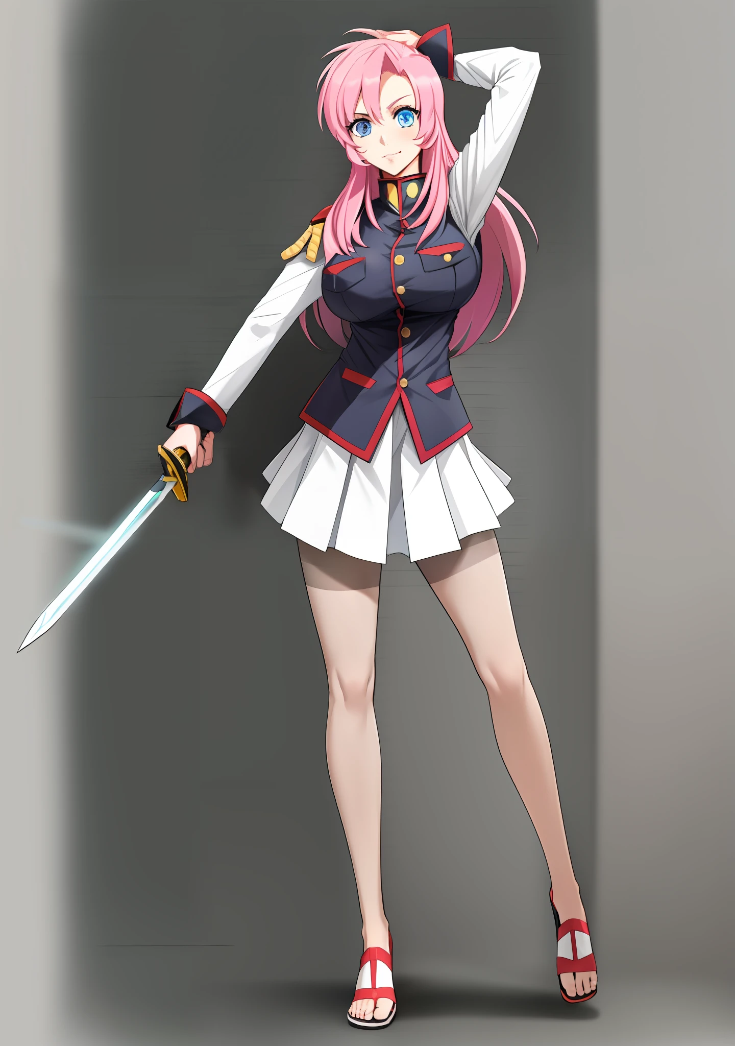 utena, , skirt, vest, noble, militari uniform, big breast, tall female, flip flops, full body, holding sword, pantyhose, walking