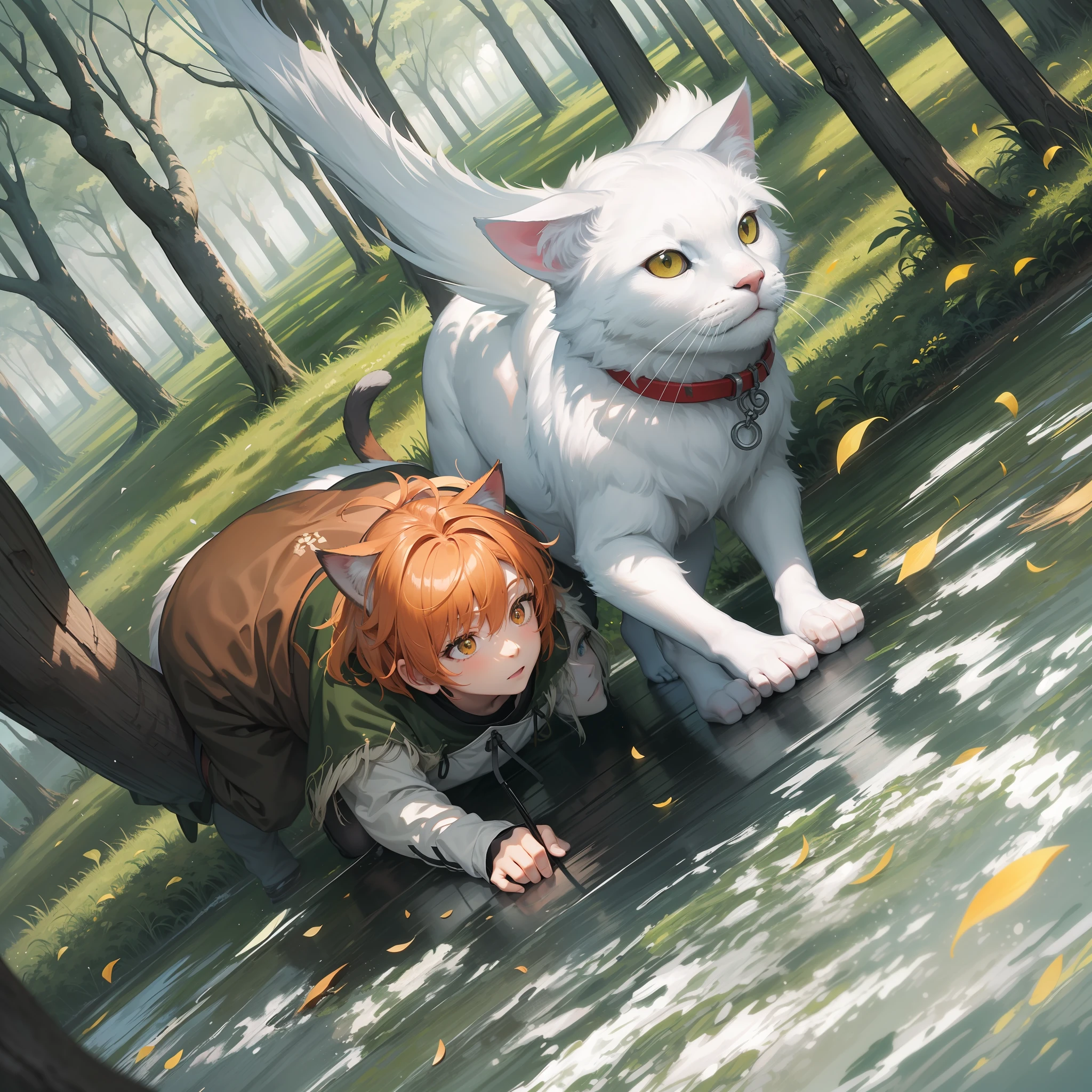 Tree-lined forest, dreamlike perspective, high-angle, A glowing white-haired boy and a cat standing on a branch,
Minimalism, Vast greenery, animation art style, palette
bright, oshare kei, dark white and amber, Loose brush
stroke, Dark green and light red, fairy air, precision
image, Traincore, Hallyu - AR4:3