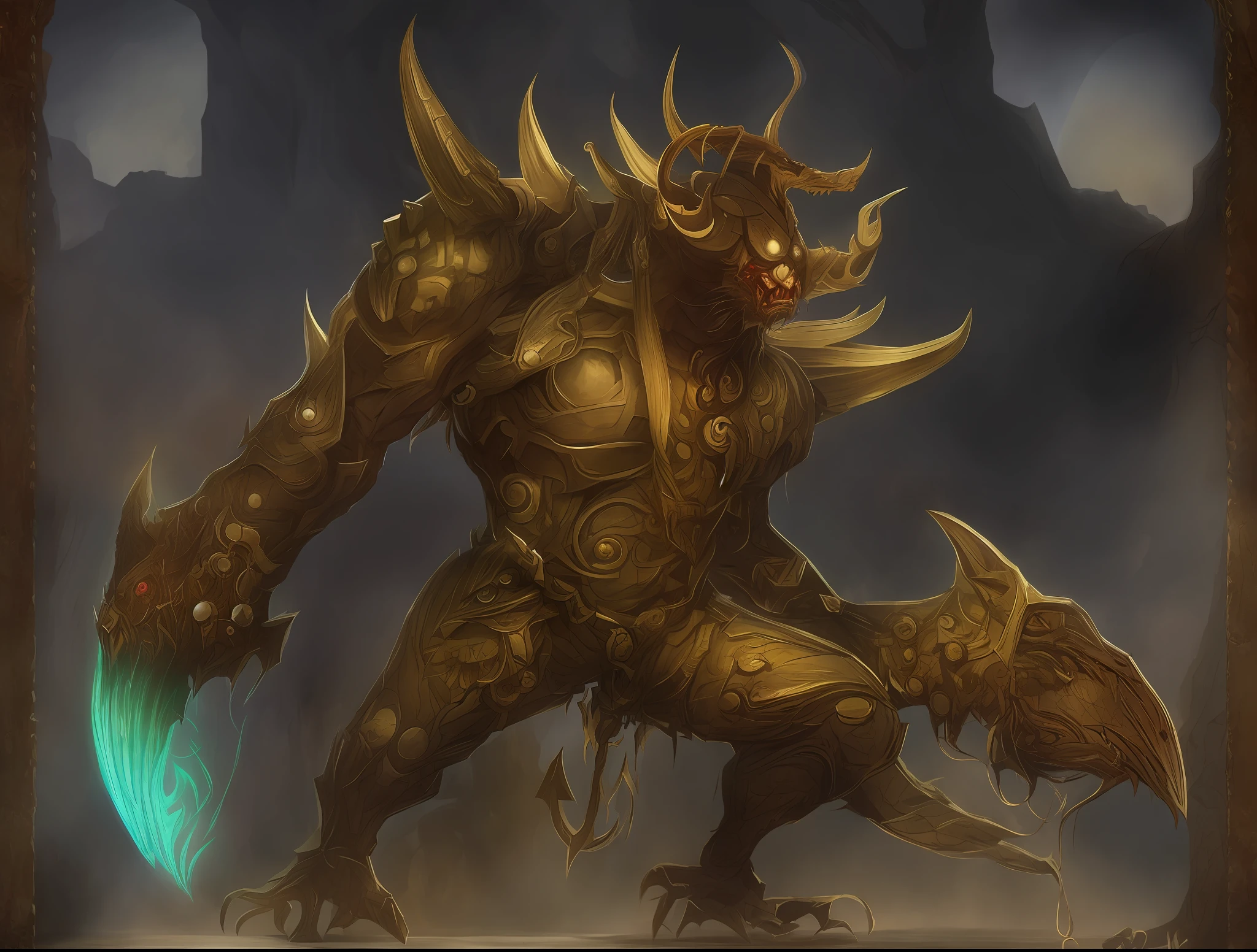 there is a picture of a demonic creature with a sword, minotaur from path of exile, arte conceitual diablo, muscled humanoid balrog demon, demon berserker, arte conceitual digital diablo, arte conceitual demon soul, Minotauro em armadura antiga, fat ripped satanic creature, djinn man male demon, male djinn man demon hybrid, doom demon