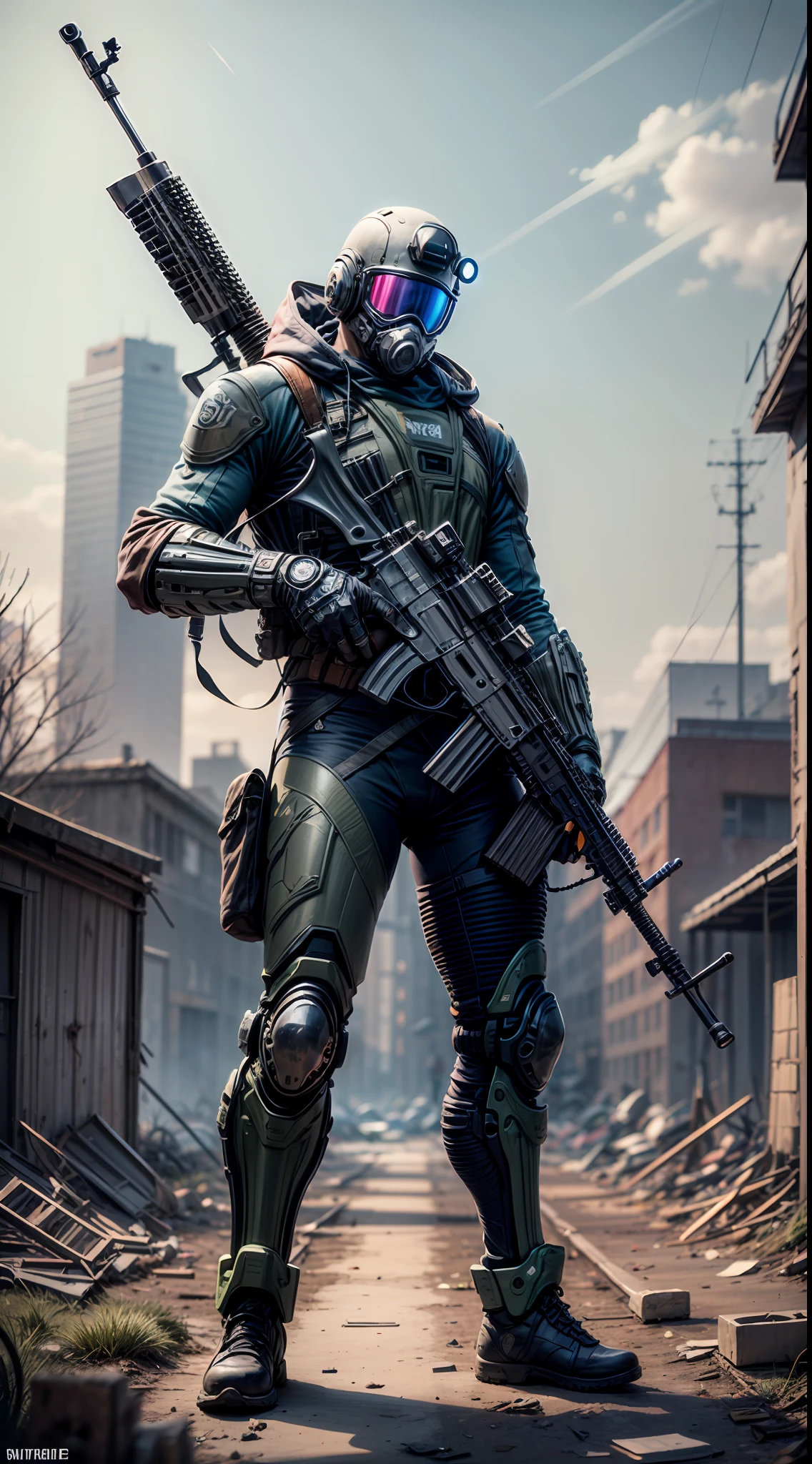 Cyborg suit like motorcycle gang post apocalypse world , hold M4 A1 rifle gun , background is abandoned factory building clear sky , subtance painter, unreal engine render