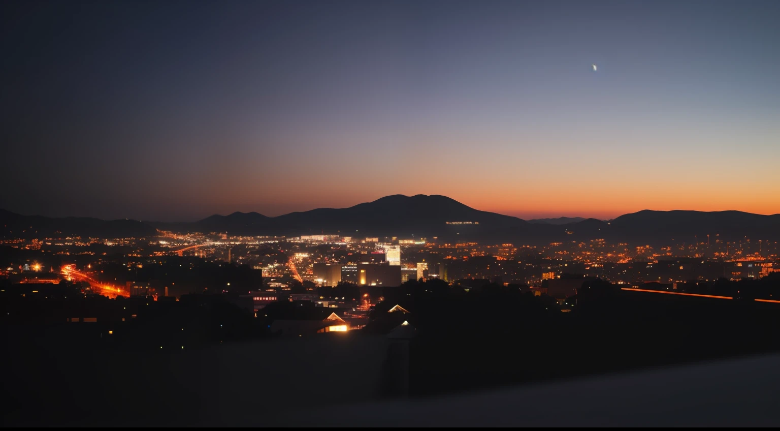 arafed view of a city at night with a mountain in the background, city twilight landscape, scenic view at night, vista of a city at sunset, city sunset night, twilight ; wide shot, photography shot at blue hour, night view, twilight city on the background, night scenery, ethereal starlit city at sunset, night city in the background