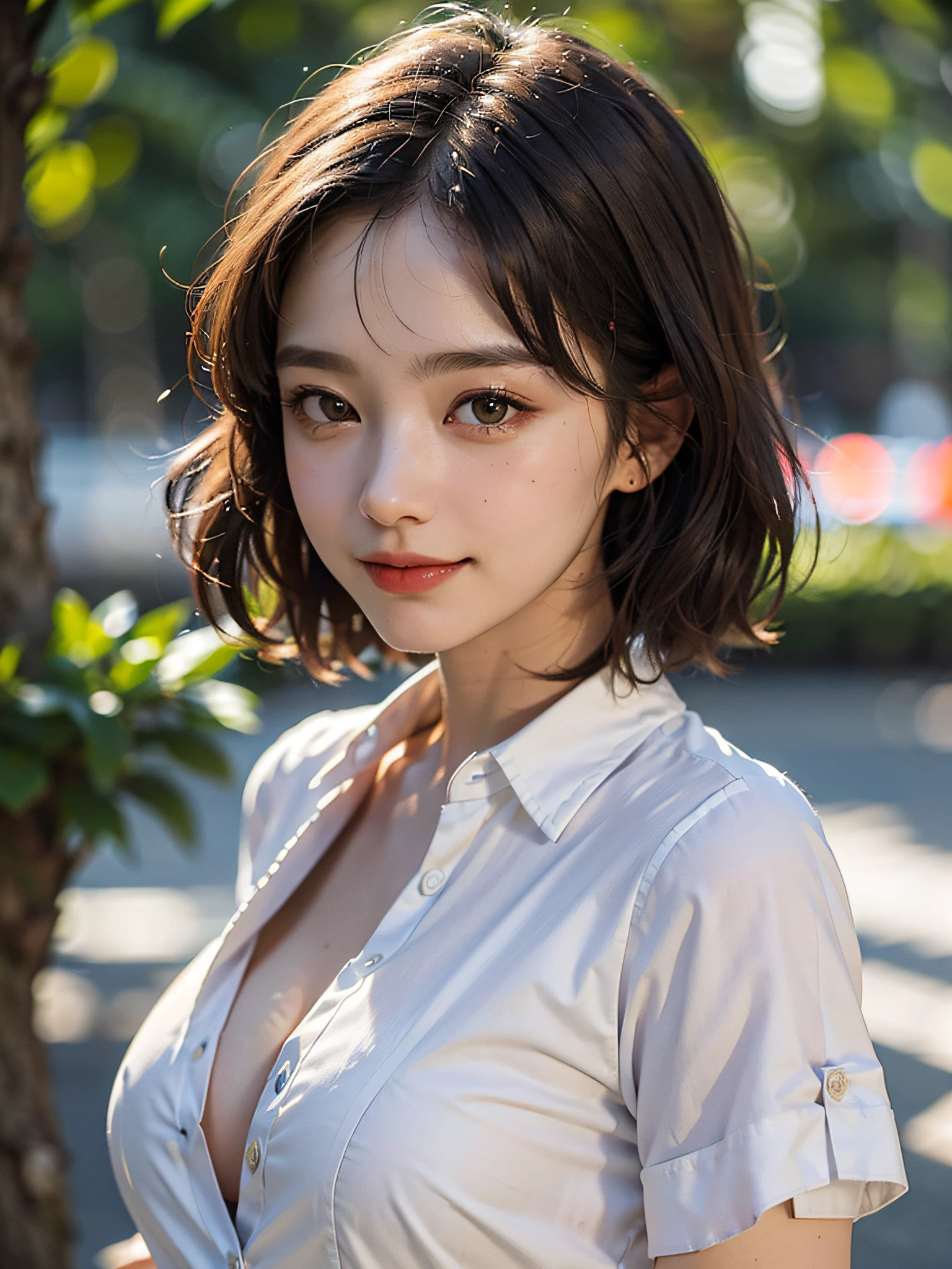 (beste-Qualit、in 8K、шедевр)、(the best illustration)、an extremely delicate and beautiful、Unity、Amazingly fine detail、superhighresolution、extra detailed face、Superbly detailed eyes、(Best Shadows:1.1)、(photo realistic1.3)、Realistic facial proportions、a handsome female、独奏、OL、(tetas grandes:1.5)、(Deep cleavage)、Slimed、smiling at the viewer、(Camisa blanca:1.5)、(Unbuttoned shirt:1.1)、(makeups:0.4)、Dark brown hair、Short Bob、(irregular skin imperfections、veiny、Wrinkled pores on the skin:1.1)、(bokeh dof:1.4)、cow-boy shot、a park、Sunnyday