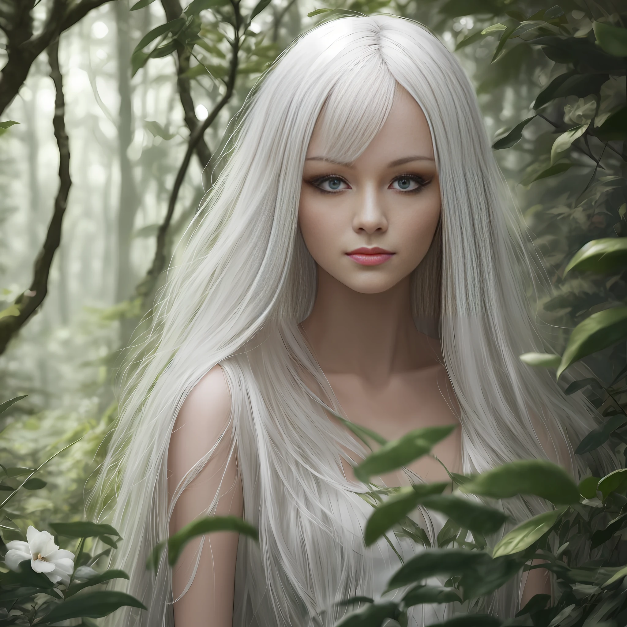 Photorealistic image, 4k quality, high-end sharpness, precise details of a beautiful woman with albino skin and long white hair in a magical forest --auto