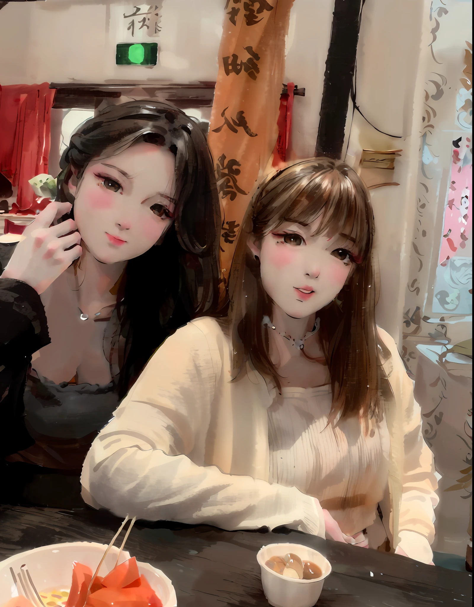 Two women sat at a table，Carrying a bowl of food, nixeu and sakimichan, zmonzheng, Ruan Jia and Fenghua Zhong, sakimichan, xision wu, ulzzangs, Two girls, Ruan Jia and Artgerm, wenfei ye, with ivy, trending at cgstation